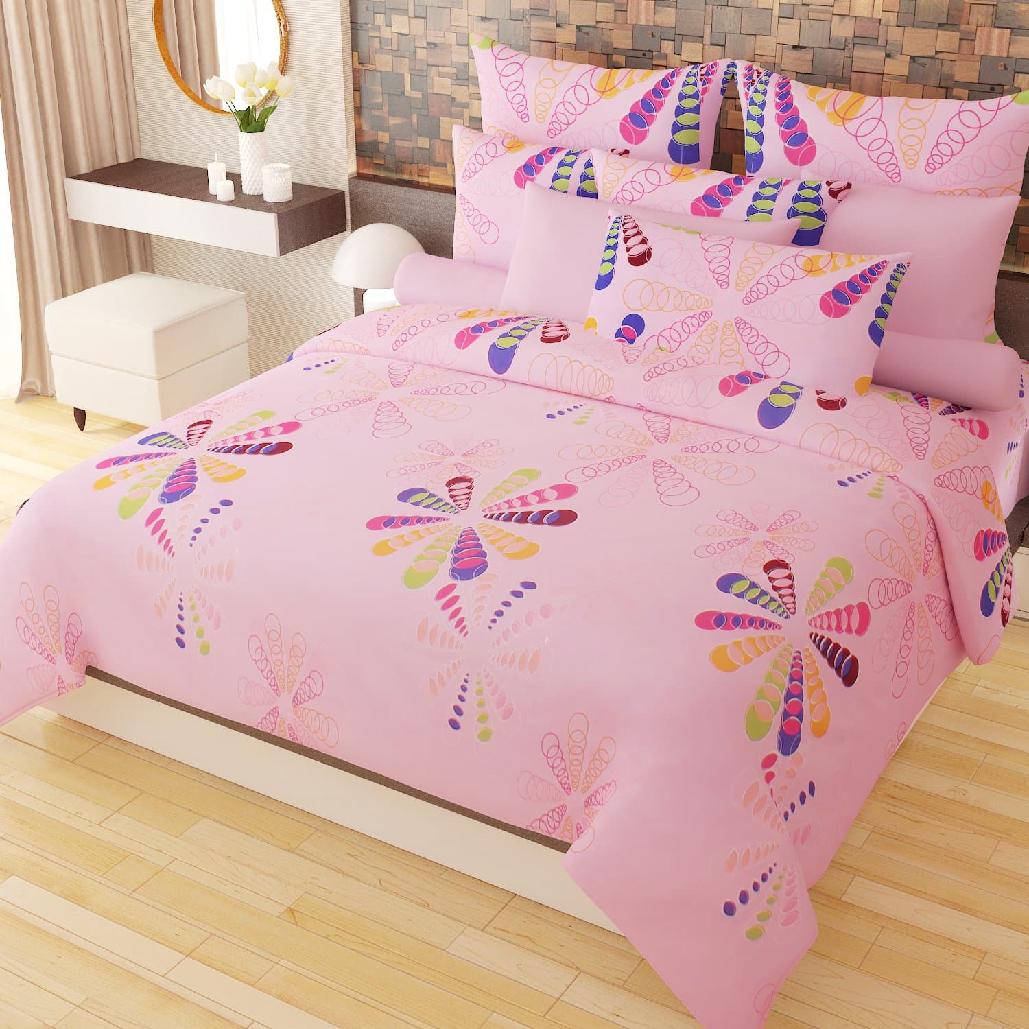 Home Candy Fancy 152 TC 3-D Double Bedsheet with 2 Pillow Covers - Geometric, Pink