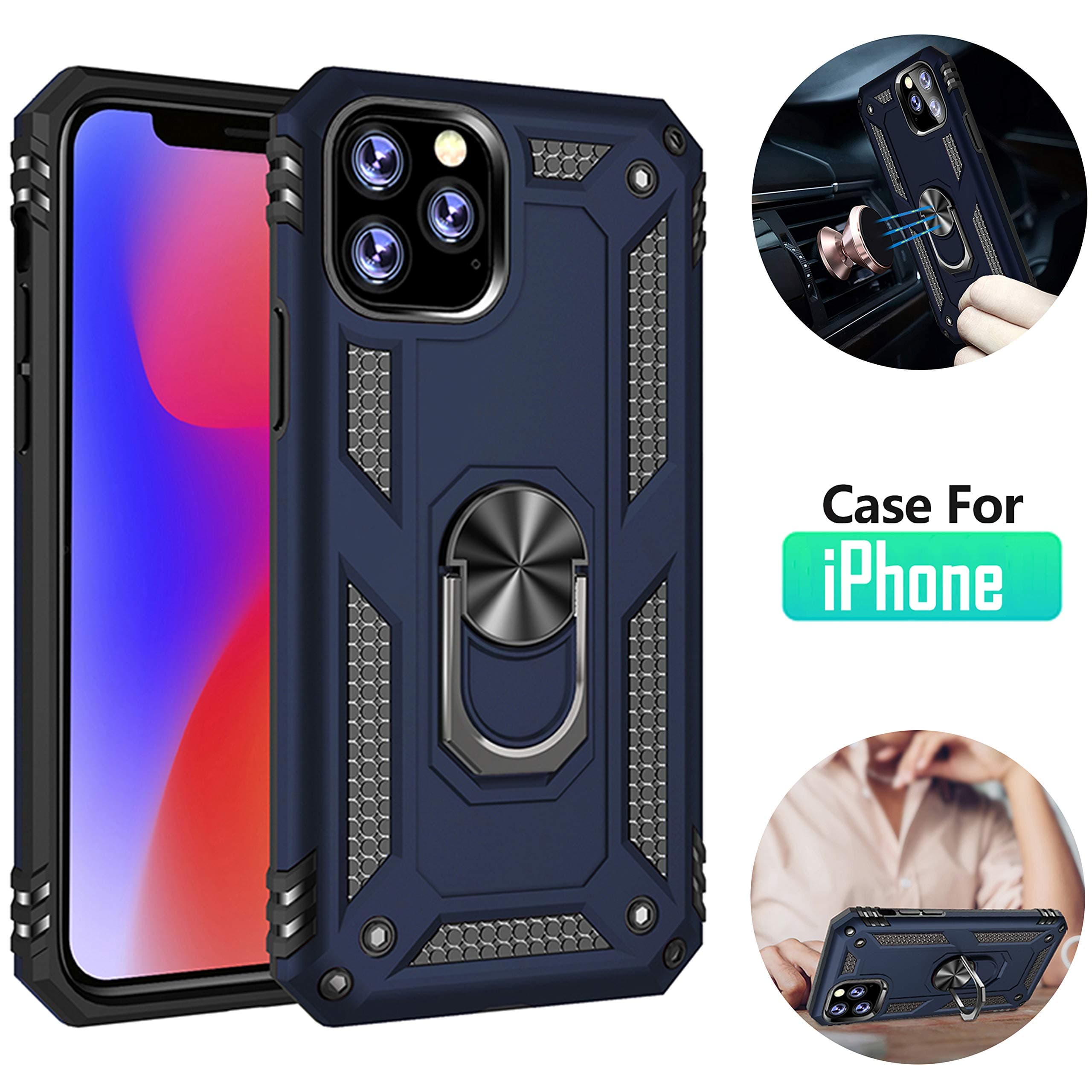 iPhone 11 Case with Kickstand and Metal Back Compatible with Apple iPhone 11 I Metal Ring I Magnetic Car Mount Cases I Full Body Protection Covers Shockproof Holster (Blue, 11/6.1 inches)