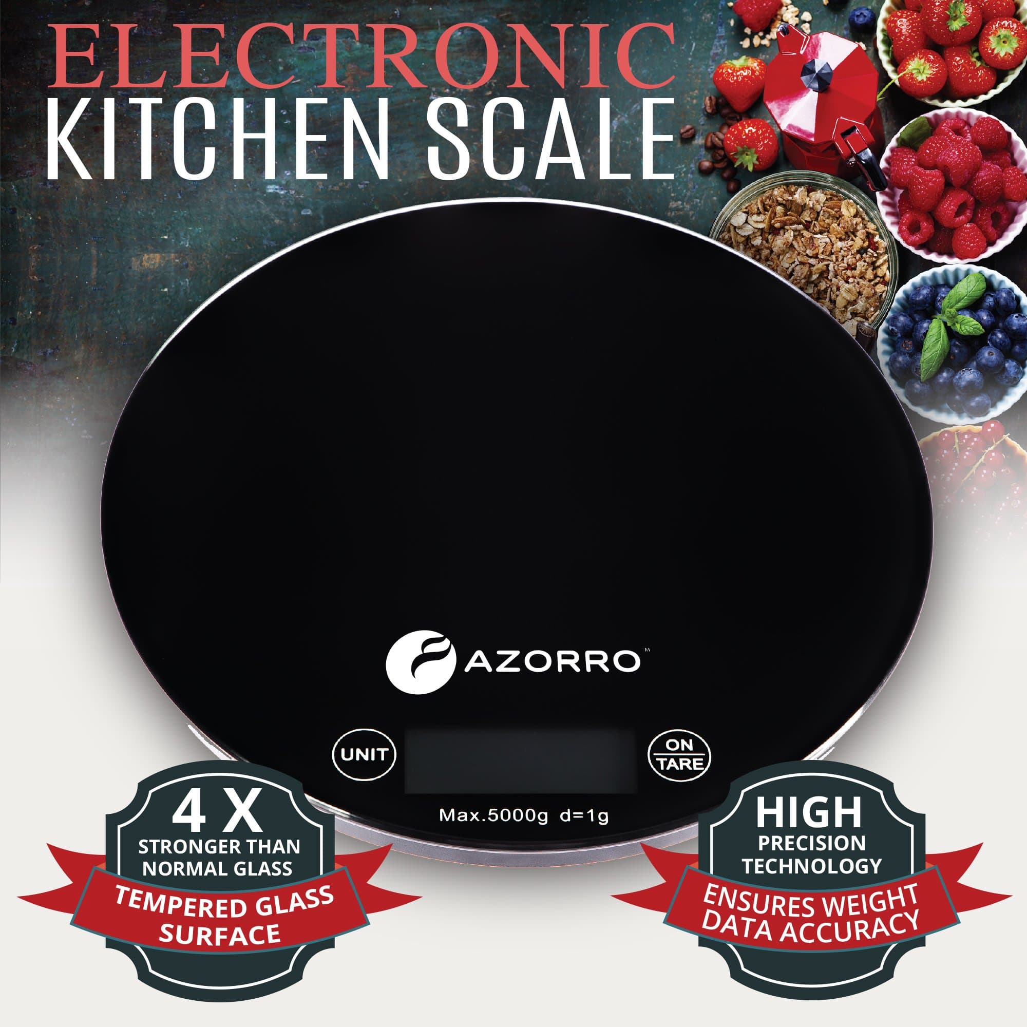 Kitchen Digital Food Scale By Azorro - Premium Electronic High Accuracy 11lb/5kg Perfect for Weighing & Portion Control All Liquid & Dry Ingredients - Very Strong Tempered Glass - Large LCD Display