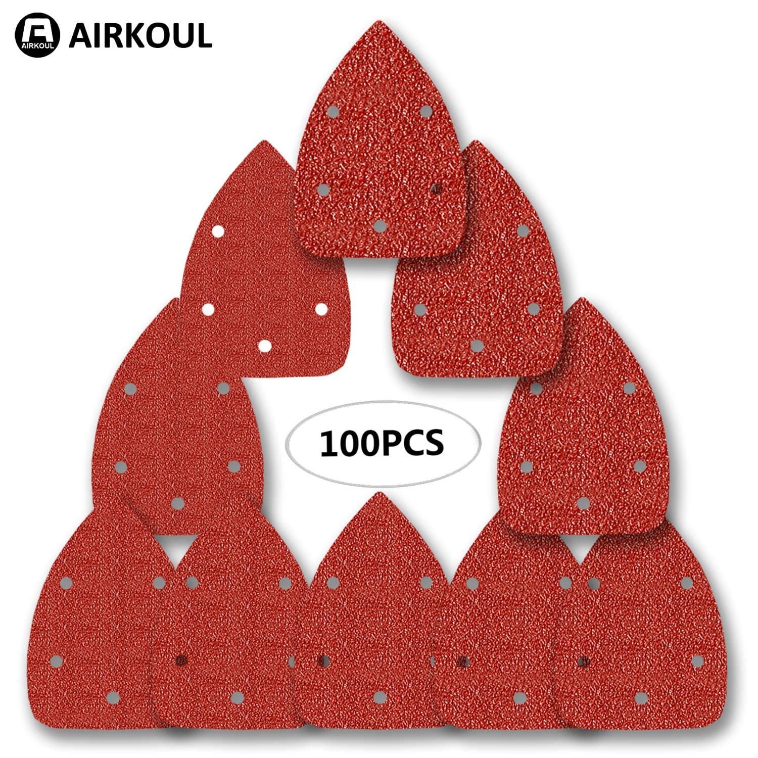 Airkoul 100 Pieces 5 Hole Hook Triangle Sander Sandpaper Sanding Paper Assorted 40/60/80/120/180/240/400/600/800/1000 Grits for Power Random Orbit Sanders