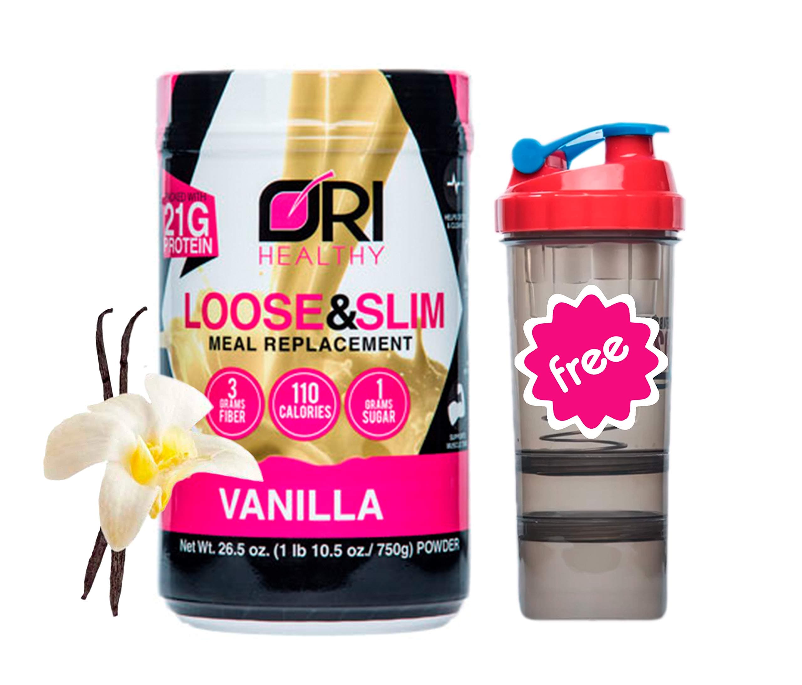 Loose & Slim Meal Replacement Shake Vanilla, Weight Loss, Low Carb, 21g Protein, 3g Dietary Fiber, 1g Sugar, 110 Calories. Vitamin Rich, Delicious Flavor + 1 Shaker Bottle Free