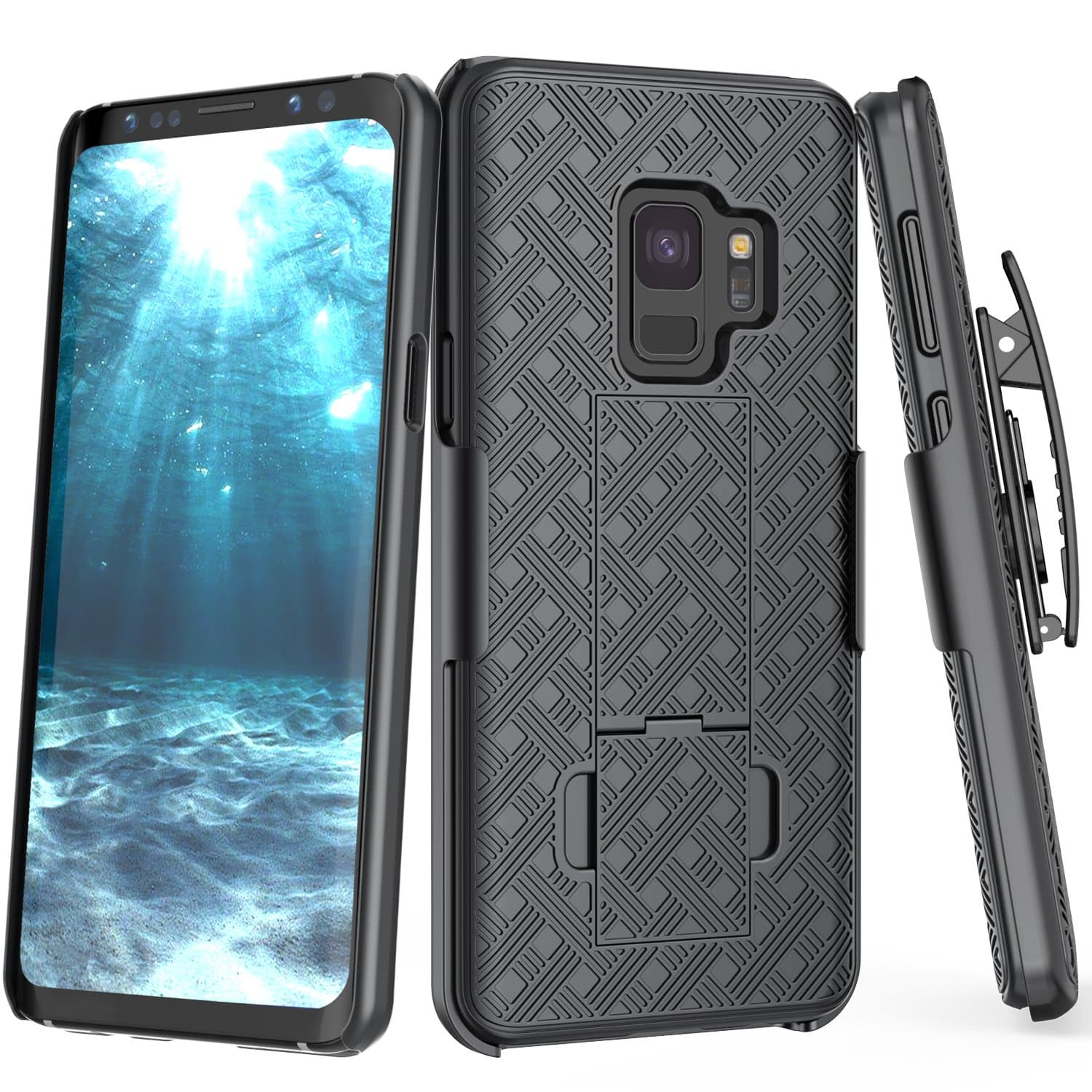 Galaxy S9 Case, TILL [Thin Design] Holster Locking Belt Swivel Clip Non-Slip Texture Hard Shell [Built-in Kickstand] Combo Case Defender Cover for Samsung Galaxy S9 All Carriers [Black]