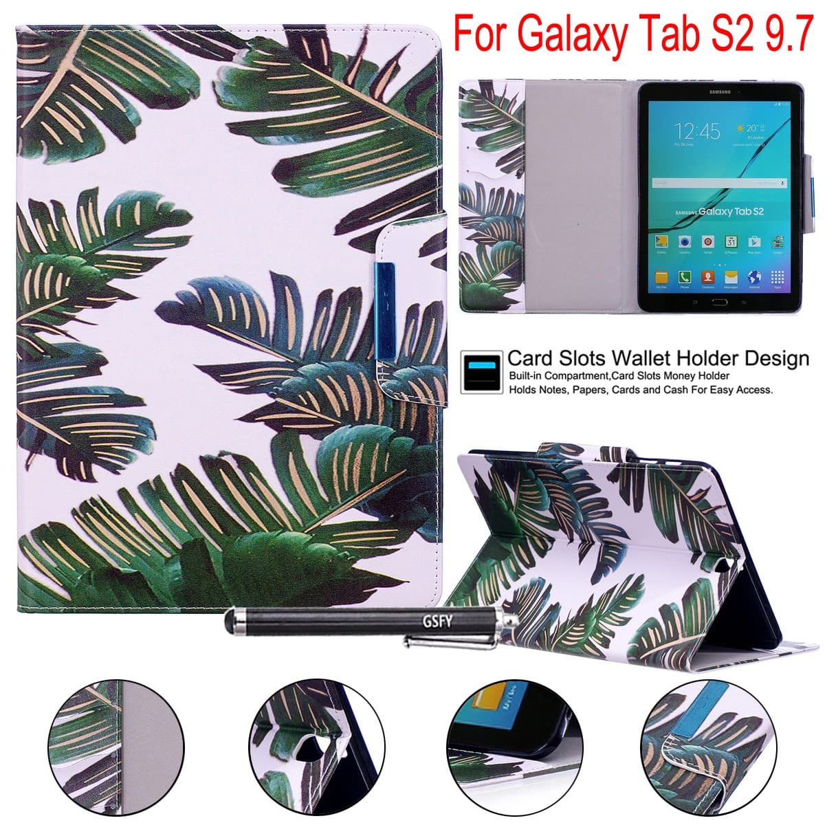Galaxy Tab S2 9.7 Case, Newshine PU Leather Folio Wallet Cover Case with [Multi-Stand View Angles] [Auto Wake/Sleep Function] for Samsung Galaxy S2 9.7 T815 Tablet - Green Leaf