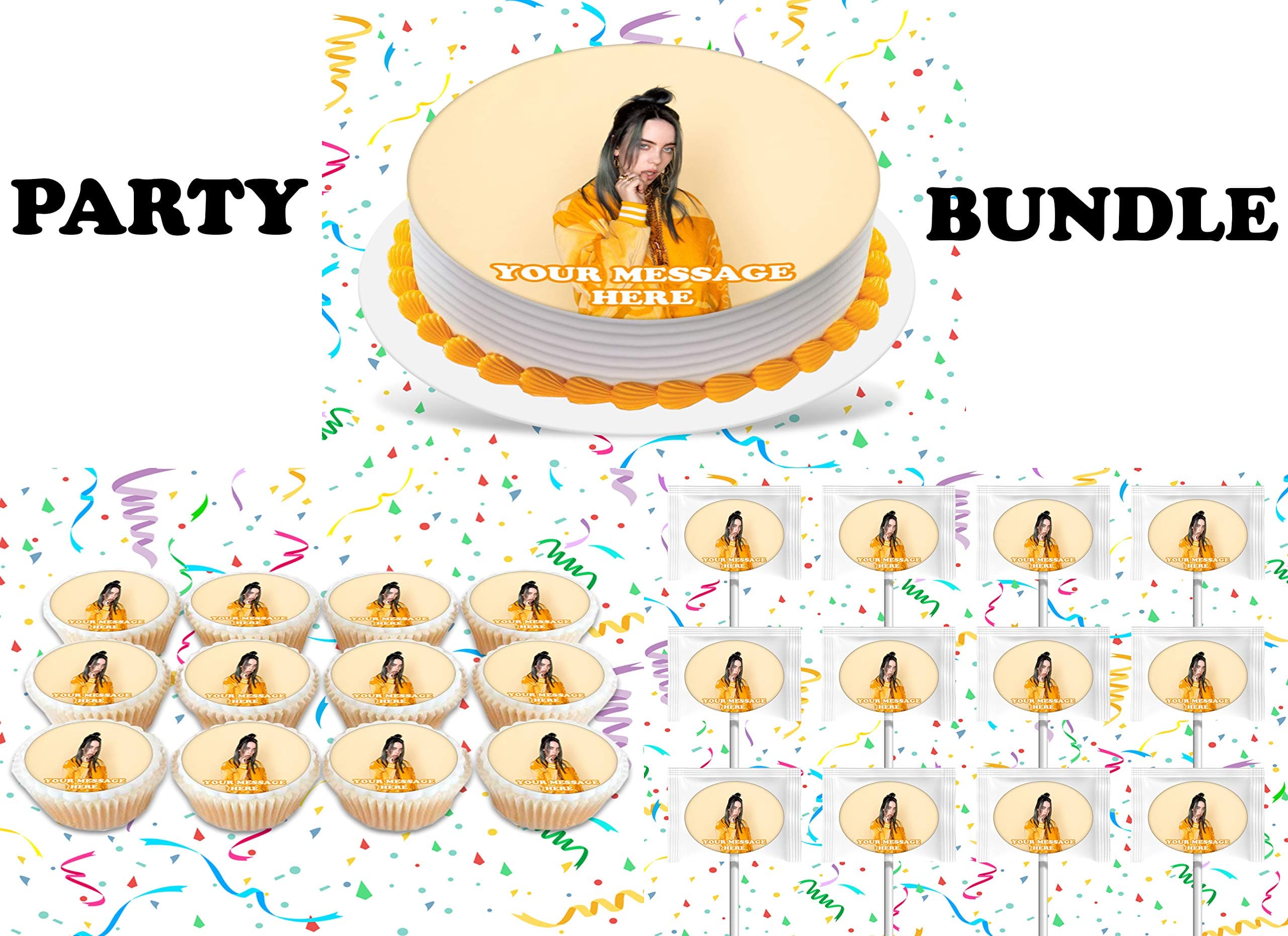 Billie Eilish Party Supplies 3 Pc Set Including Edible Image Round Cake Topper Frosting Sugar Sheet, Personalized Cupcakes, Lollipops Decorations