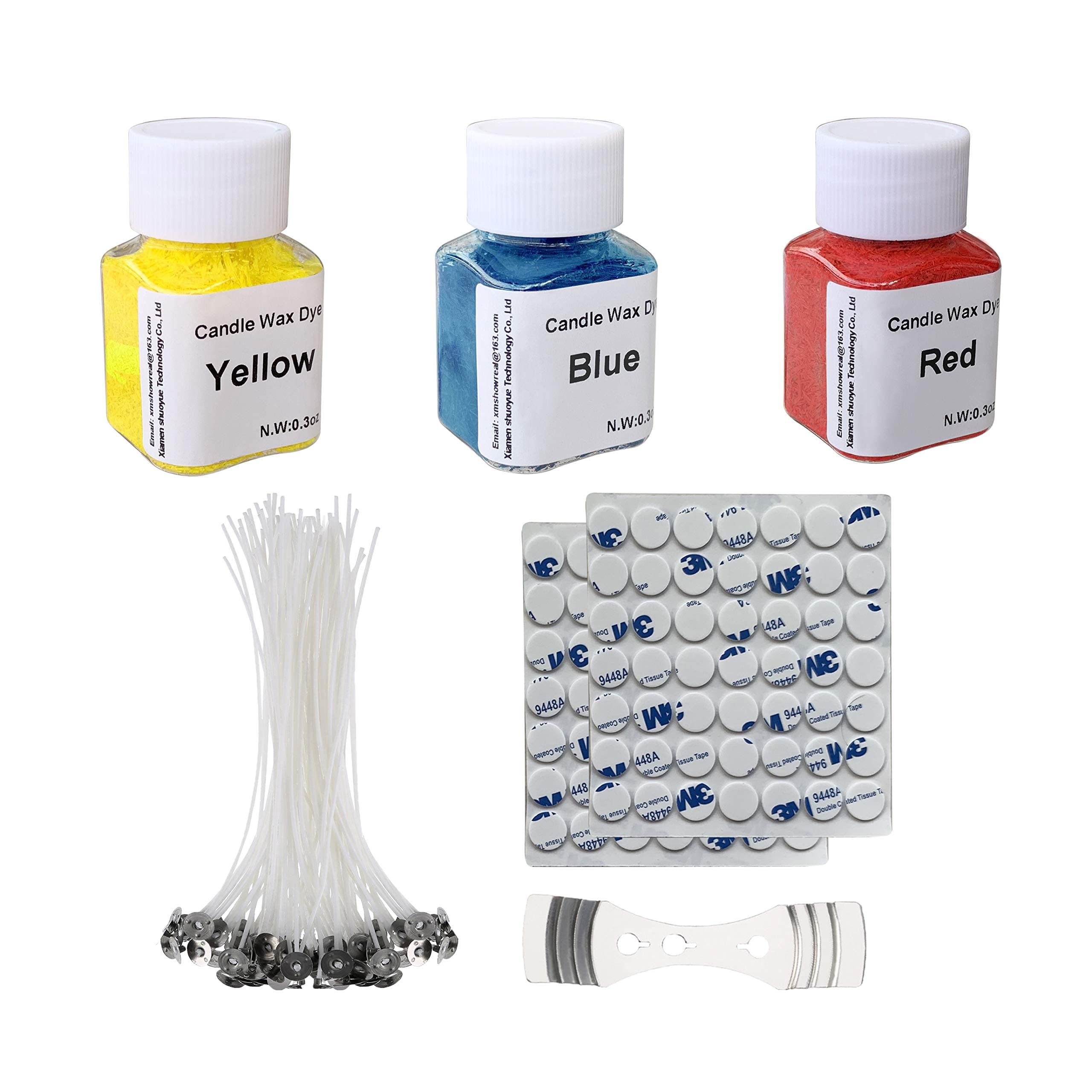Color Candle DIY Kit， 3 Primary Color high Concentration Bottled Candle Wax Dye, 100 Pieces 5 Inch Pre-Waxed Pre-Tabbed Low Smoke Candle Wicks with Stickers and 1 Candle Wick Centering Device