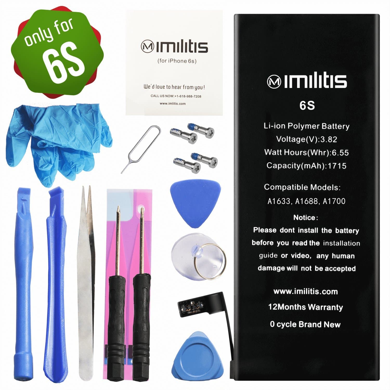 IMILITIS Compatible Replacement Battery for iPhone 6s-1715mah High Capacity Li-ion Battery - New USA TI Chip - A1633/A1688/A1700 - Repair Kit Tools with Adhesive/Glove - 6s Battery Replacement