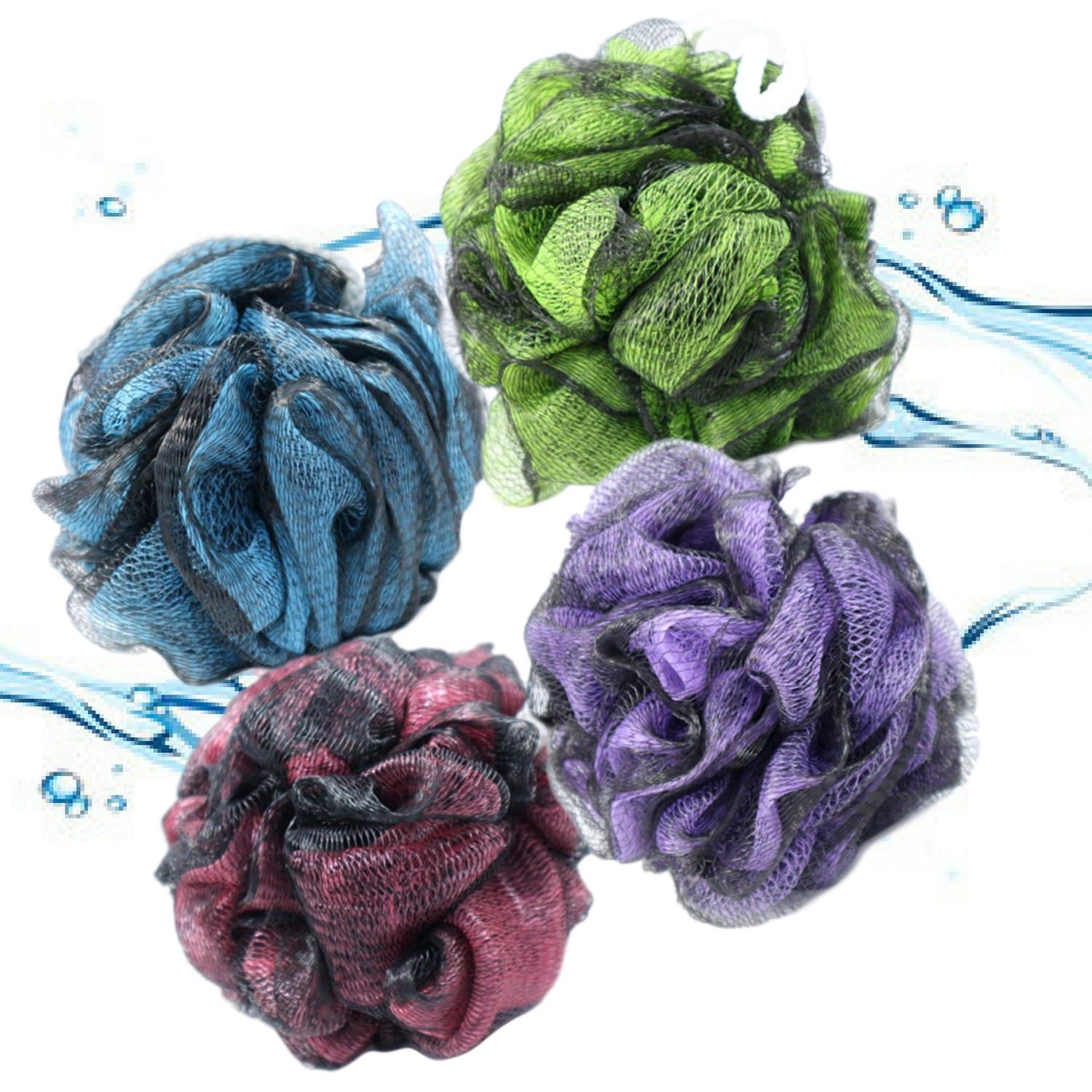 Modern Skin Labs Loofah Shower Pouf Pack with 4 Mesh Sponge Scrubbers and Hanging Hooks