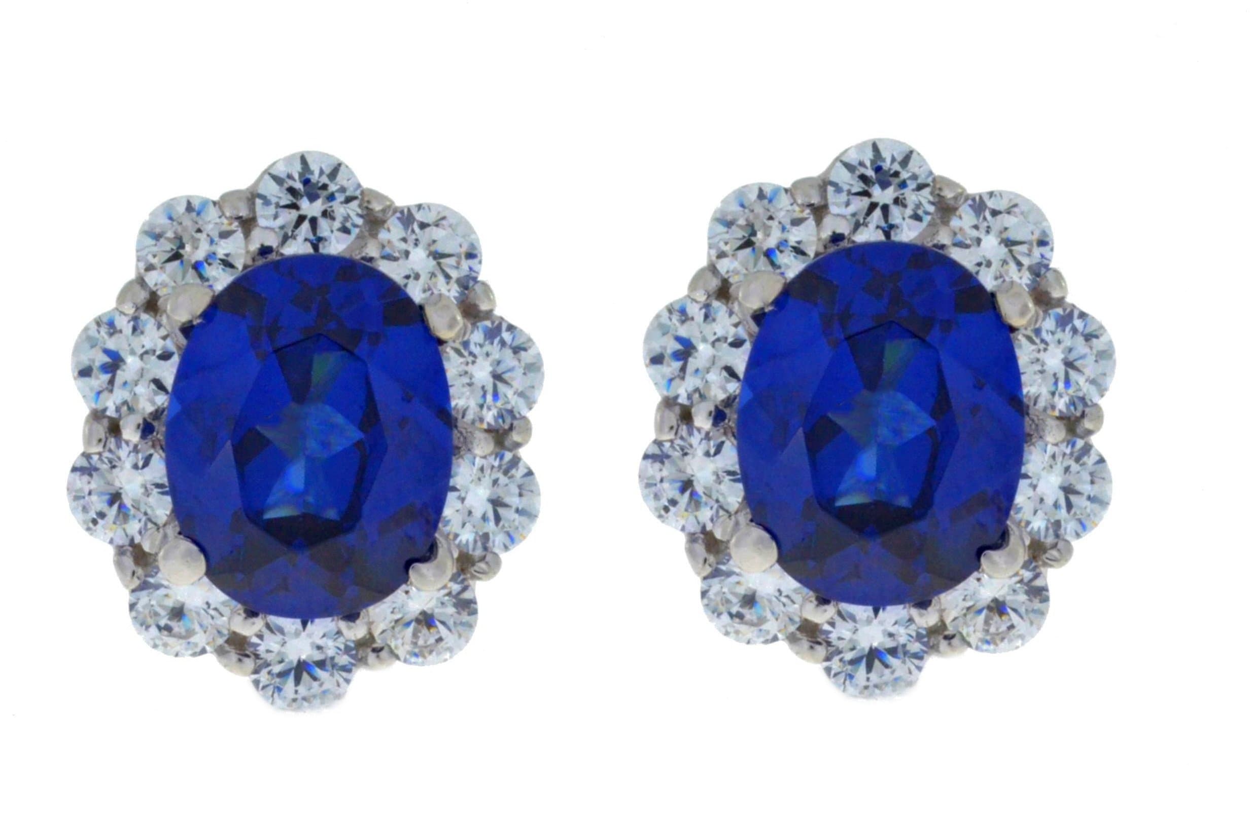 8 Ct Created Blue Sapphire & Zirconia Oval Stud Earrings .925 Sterling Silver Rhodium Finish