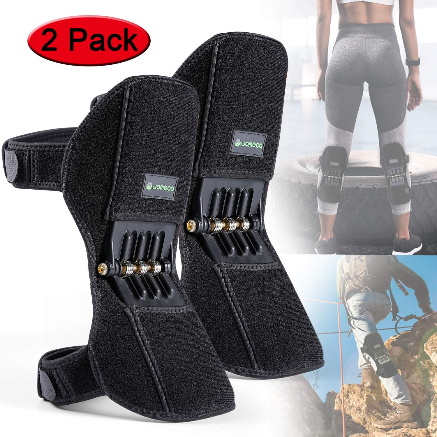 JOMECA Knee Booster 2 Pack, Powerlifts Spring Joint Support Knee Brace, Powerful Rebounds Spring Force for Knee osteoarthritis, Climbing, Squat, Mountaineering, Exercising, One Size Fits Most