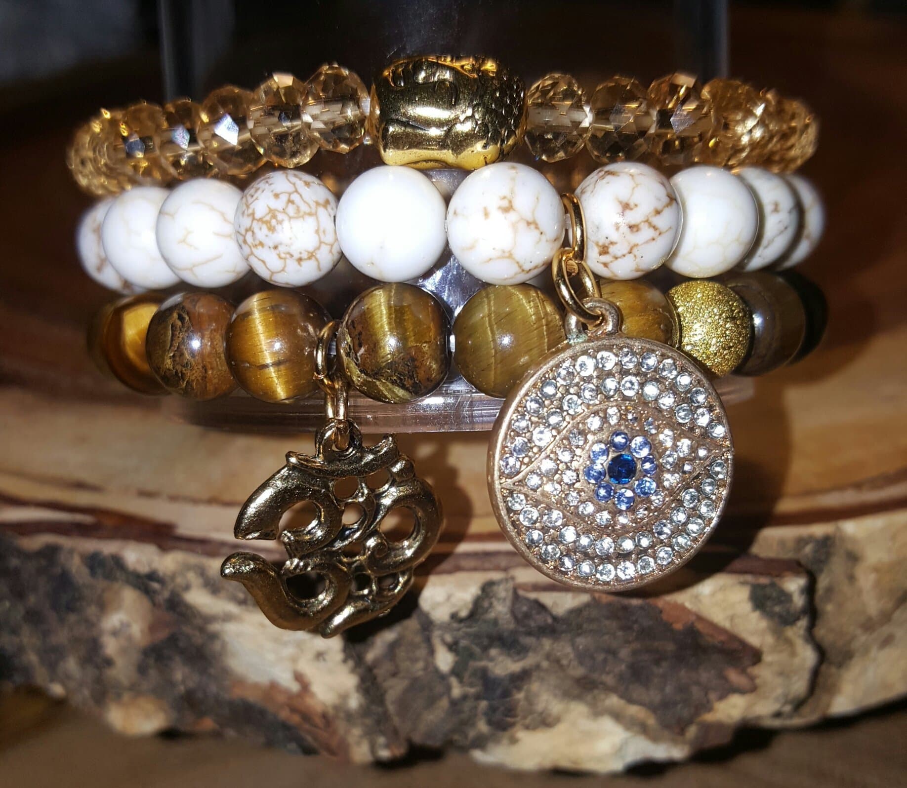 3 Pc Boho Om, Hamsa, Buddha Reiki Bracelet Set