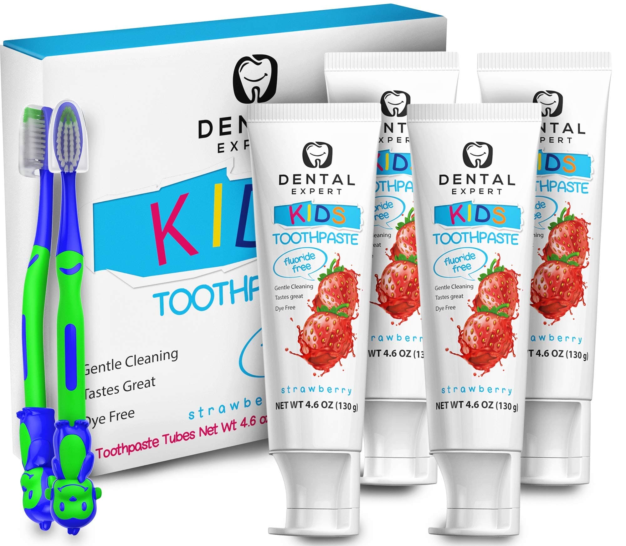 Dental Expert 4 Pack Kids Toothpaste - 4.6oz [Fluoride-Free] Strawberry Flavor Natural Toothpastes - Total Oral Care [Free Toothbrush for Children]