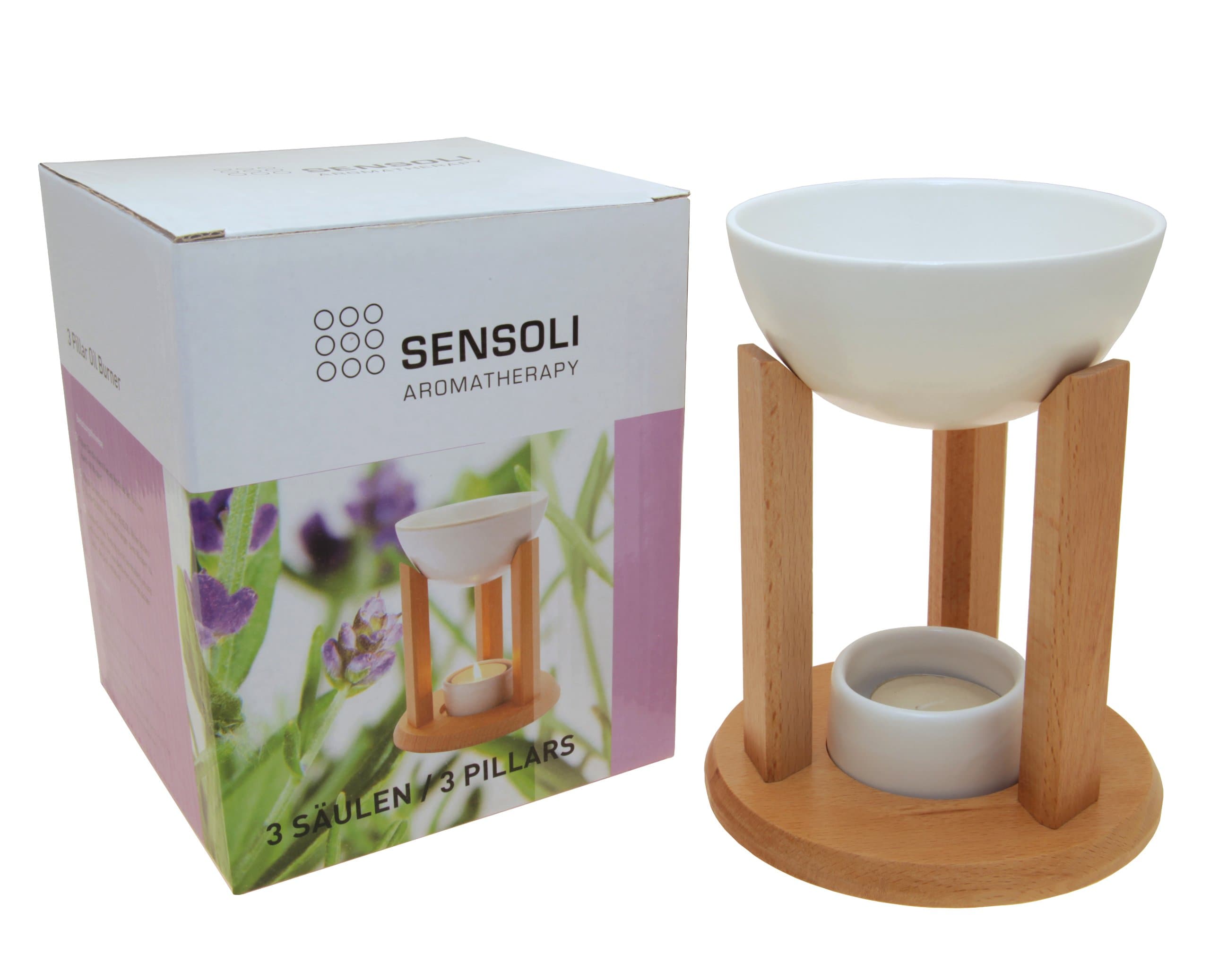 SENSOLI 3 Pillar Oil Burner – Solid Wood with Large Ceramic Bowl - to Diffuse Essential Oils and Wax Melts