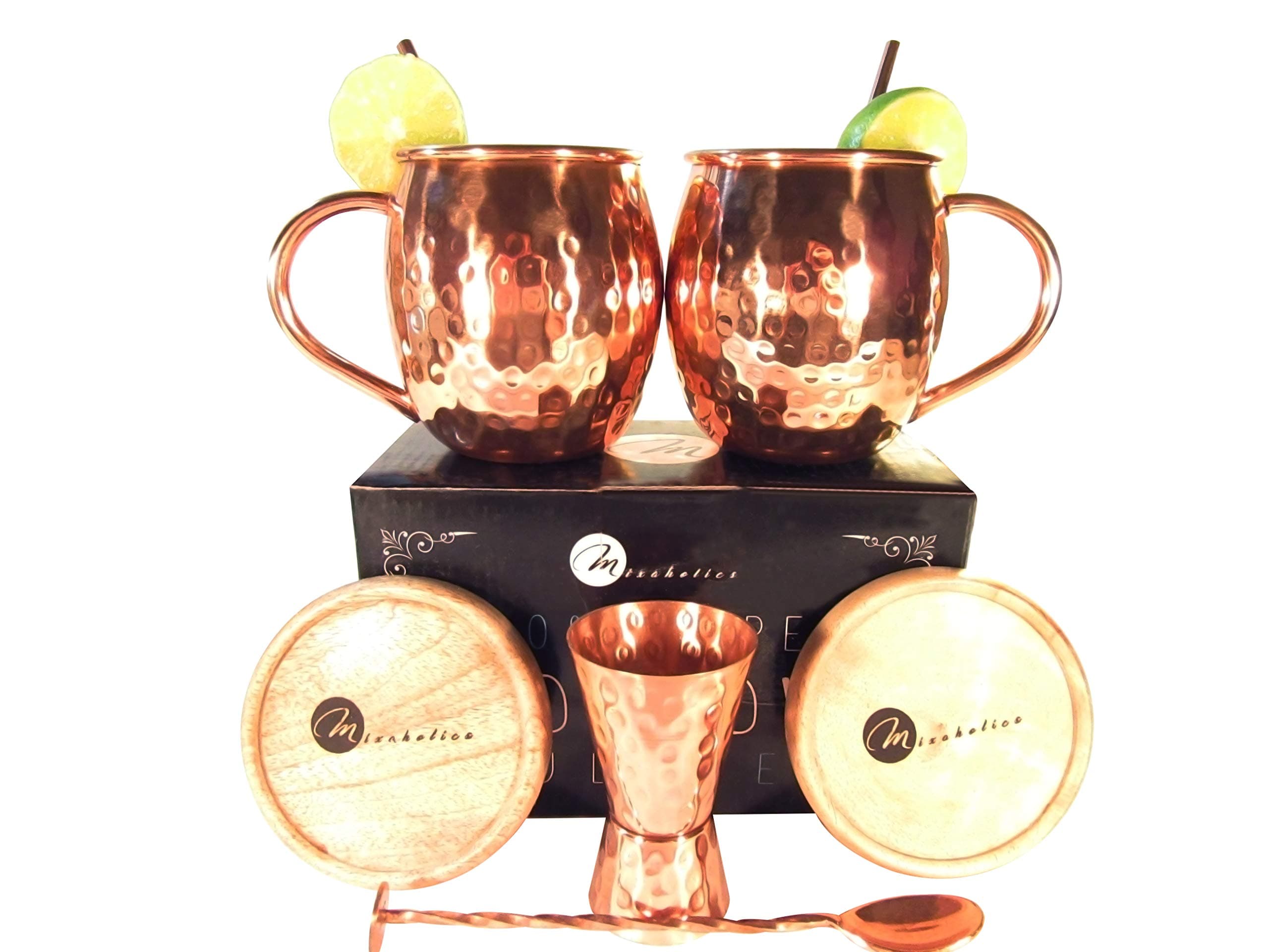 8 Piece Moscow Mule Set 100 Percent Copper Includes 2 16 fl oz Mugs, 2 Straws, 2 Coasters, Jigger, Stirrer for Cocktails Drink Making Mixing Bartending