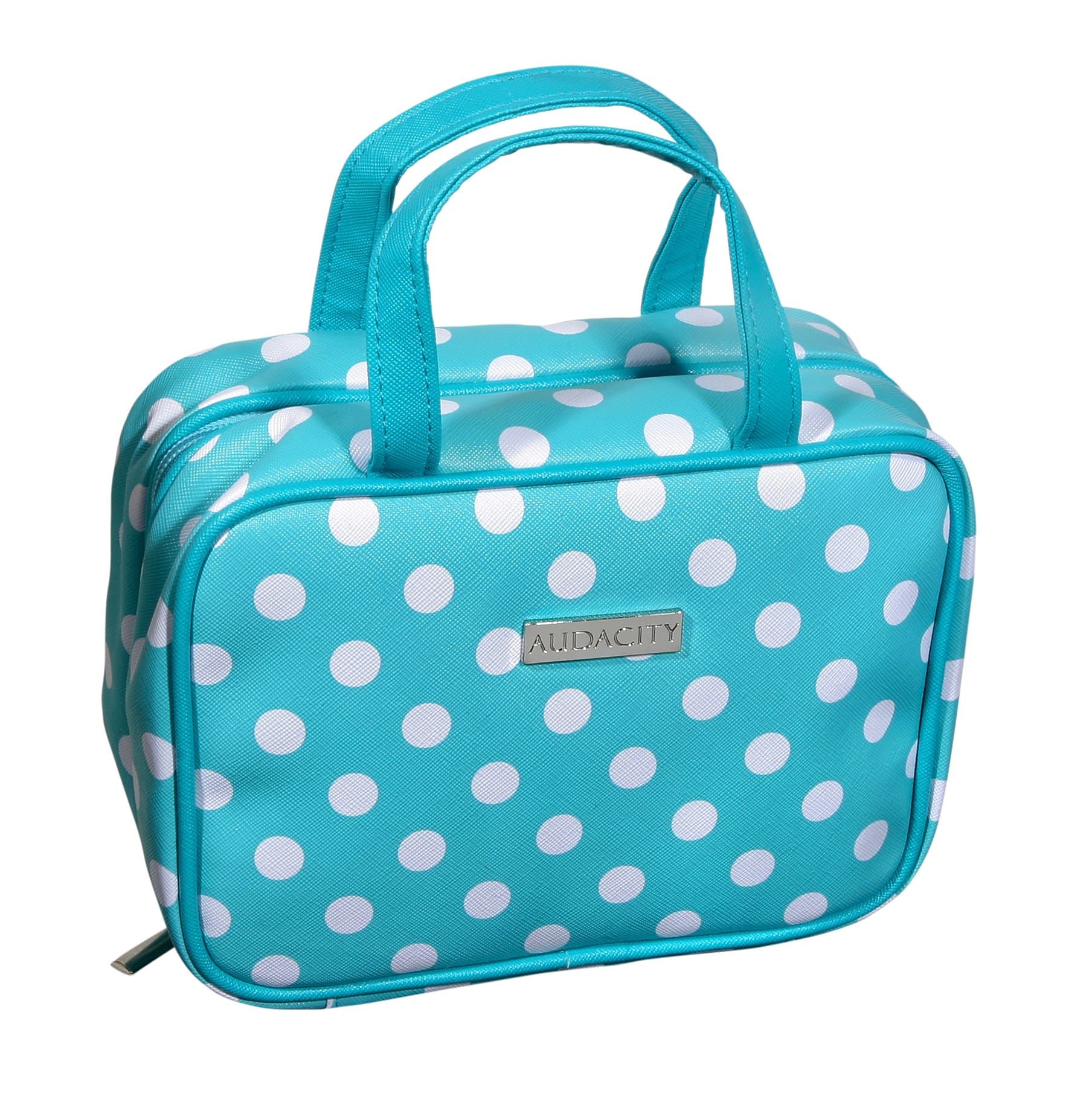 Audacity Hanging Turquoise Blue and White Polka Dot Compact Small Cosmetic Travel Toiletry Wash Bag with handles for women and girls