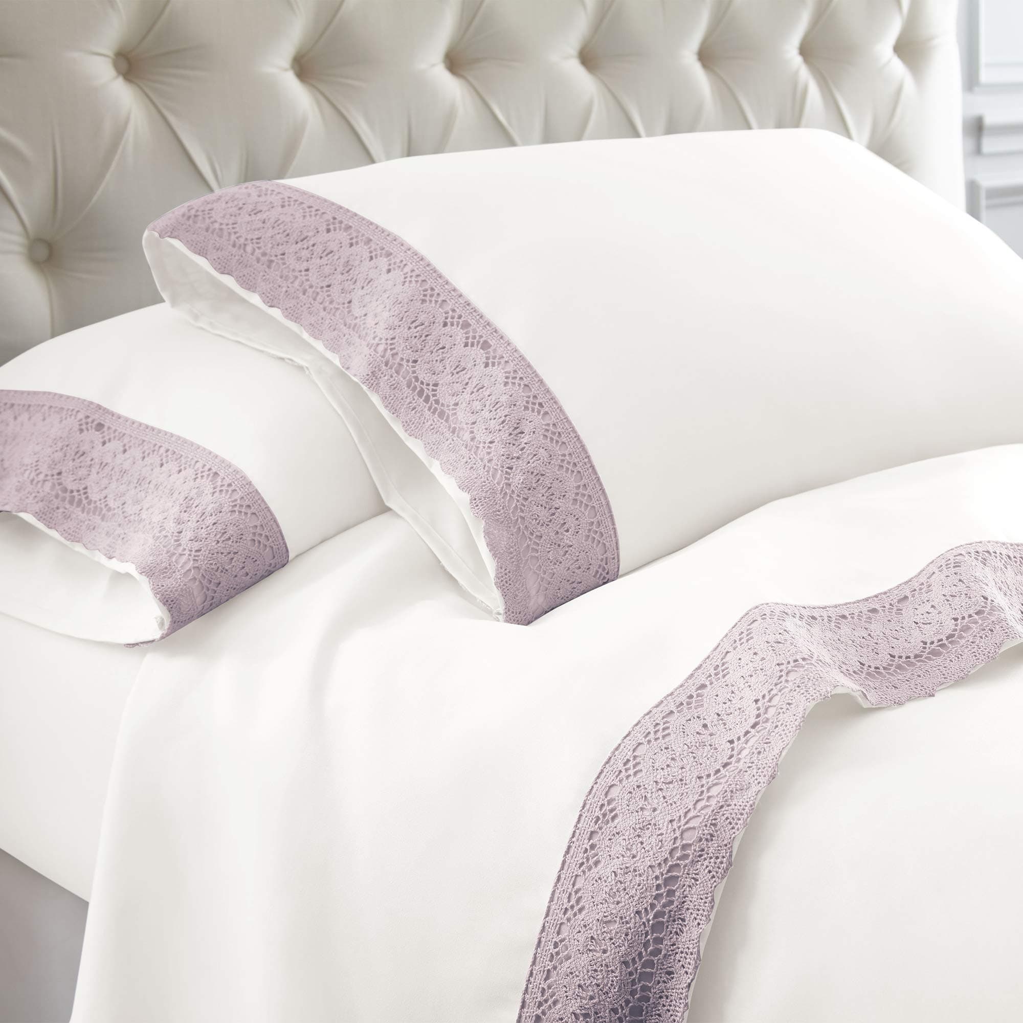 Amrapur Overseas 4-Piece Crochet Lace Microfiber Sheet Set, Full, White/Lavender