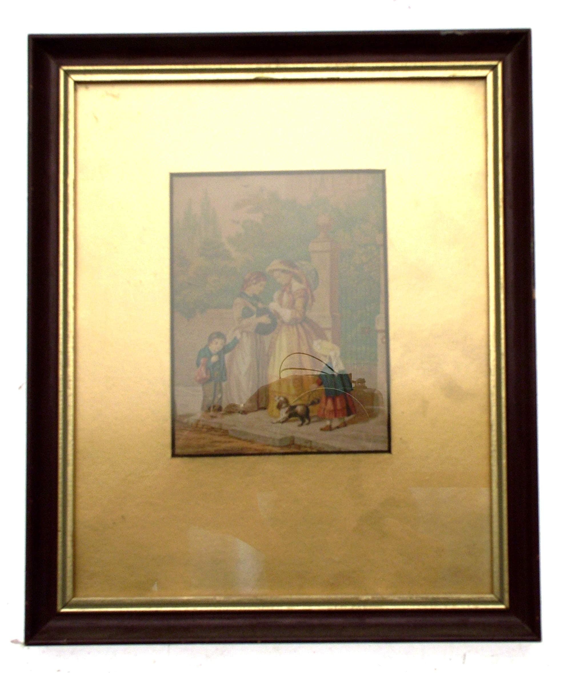 Baxter Print c1850 Group With Children And Dog