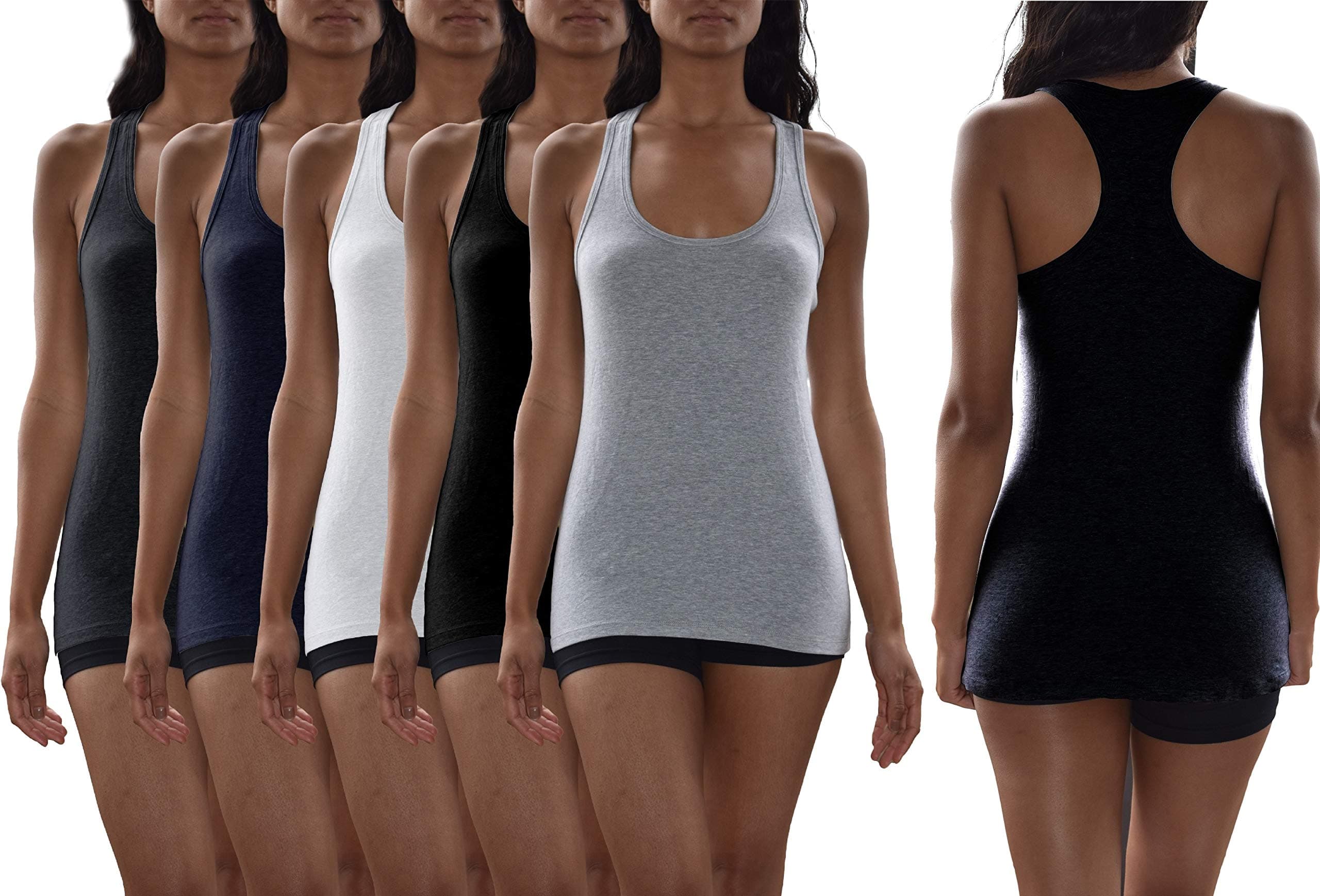 Sexy Basics Women's 5 Pack Flat Knit Jersey Flex Racer Back Tank Tops/Cotton -Spandex Stretch Color Tank Tops
