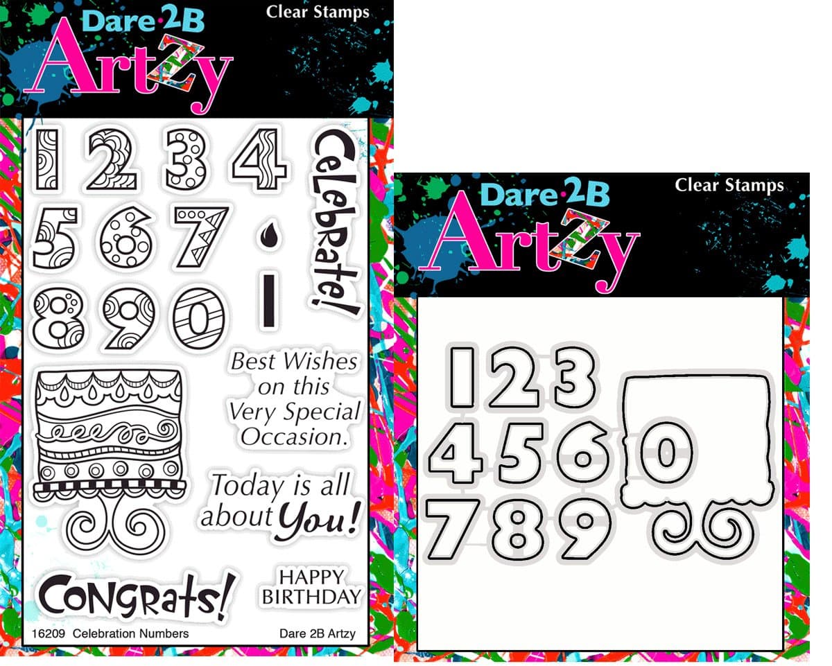 Dare 2B Artzy Celebration Numbers Clear Cling Rubber Stamp Set (16209) and Bronze Steel Die (D19) Bundle 2 Items