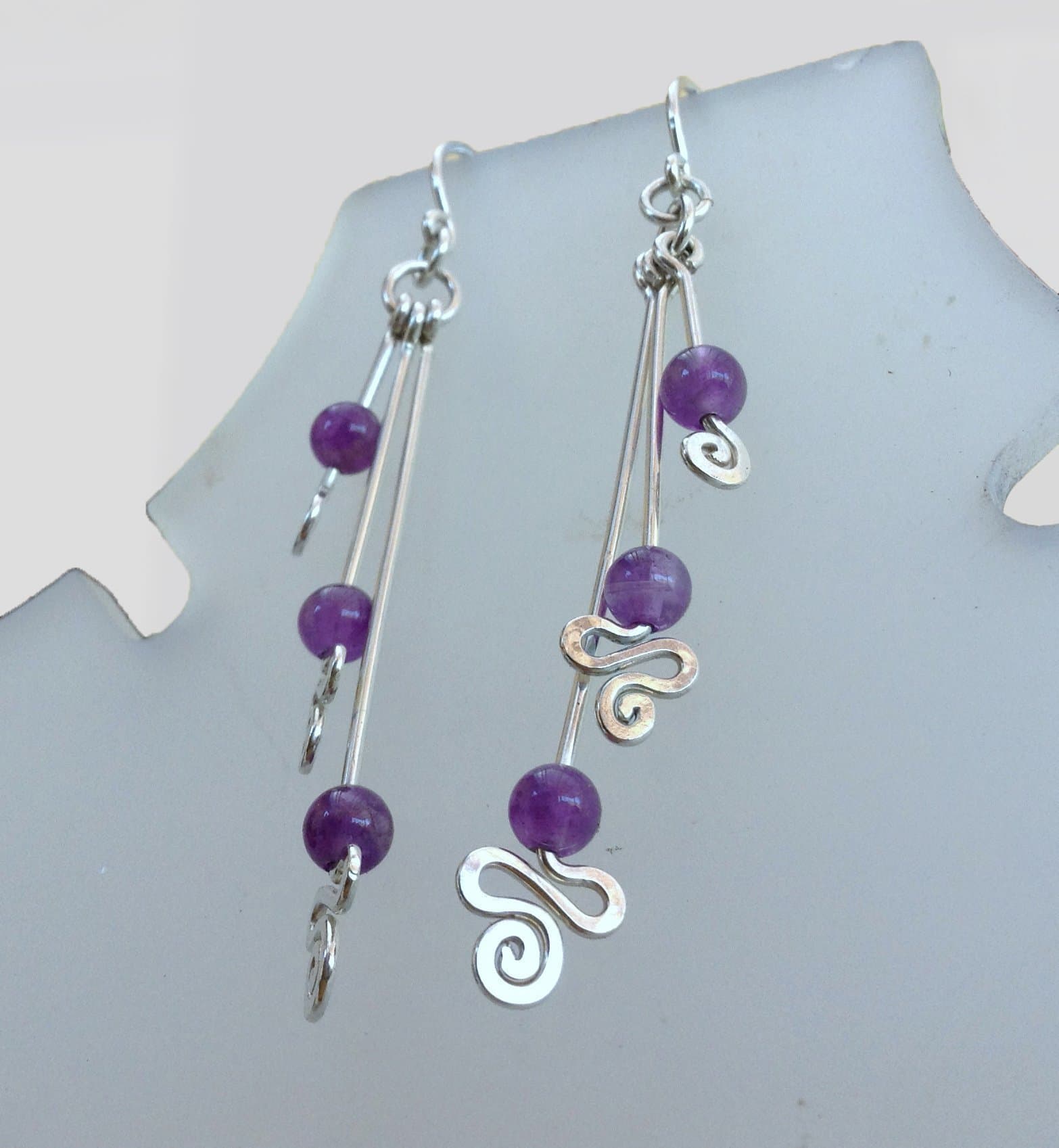 sterling silver Drop Dangle earrings with Amethyst gemstone beads and. young playful silver long earrings. (your choise of stone)