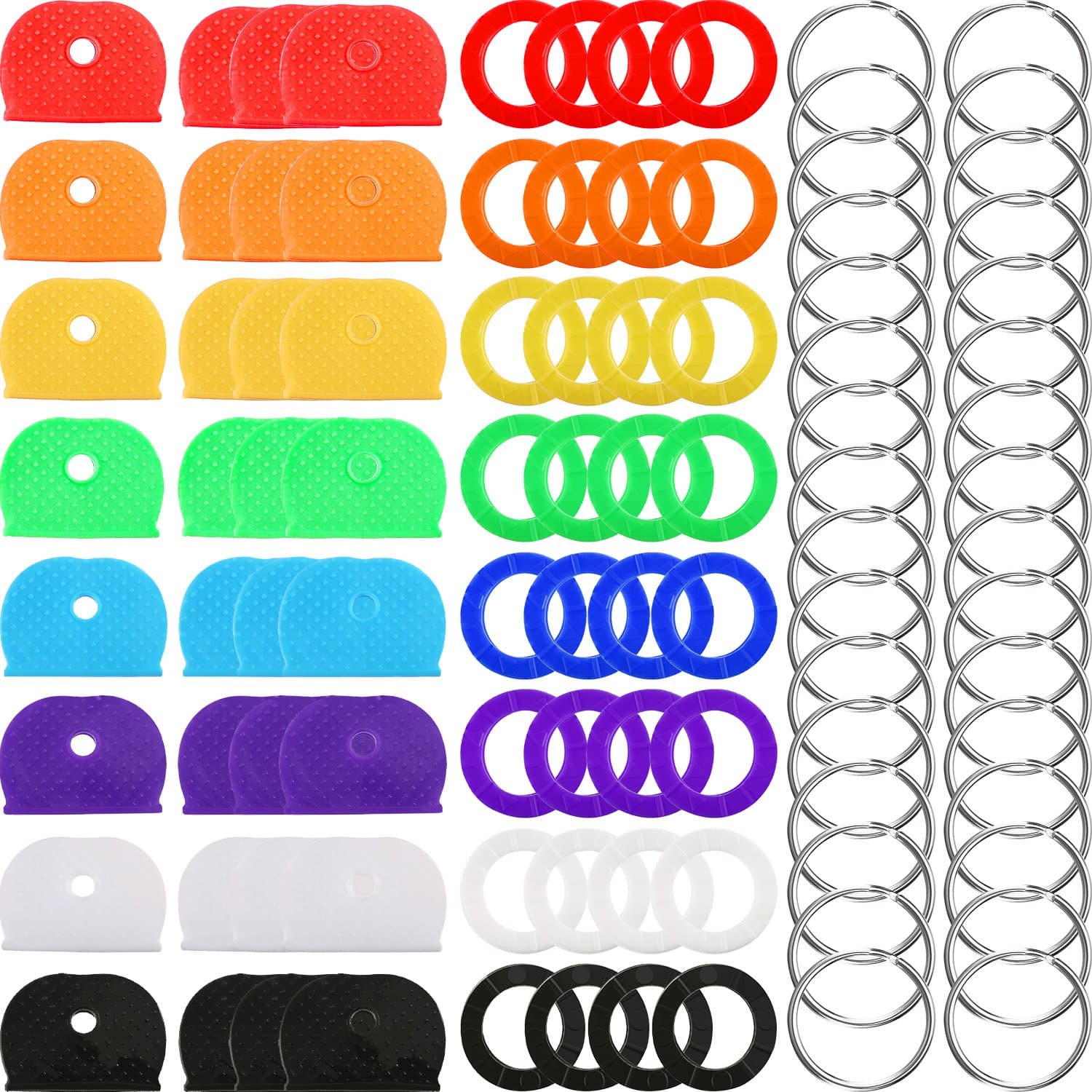 64 Pieces Key Caps Covers Kit, Plastic Key Rings with 32 Pieces Steel Key Rings for Keys Organization, Muticolor
