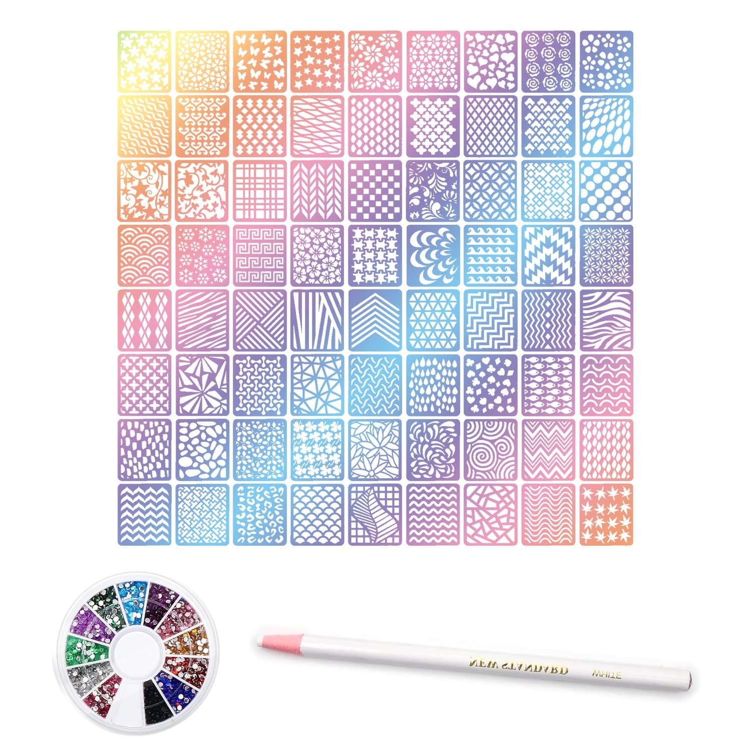 24 Nail Art Stencil Stickers Vinyl Sheets - Various Designs - Cute Easy Nail Art and Manicure Nail Art Decorations Set with Mixed Colors Rhinestones -Nail Rhinestones Picker Pencil