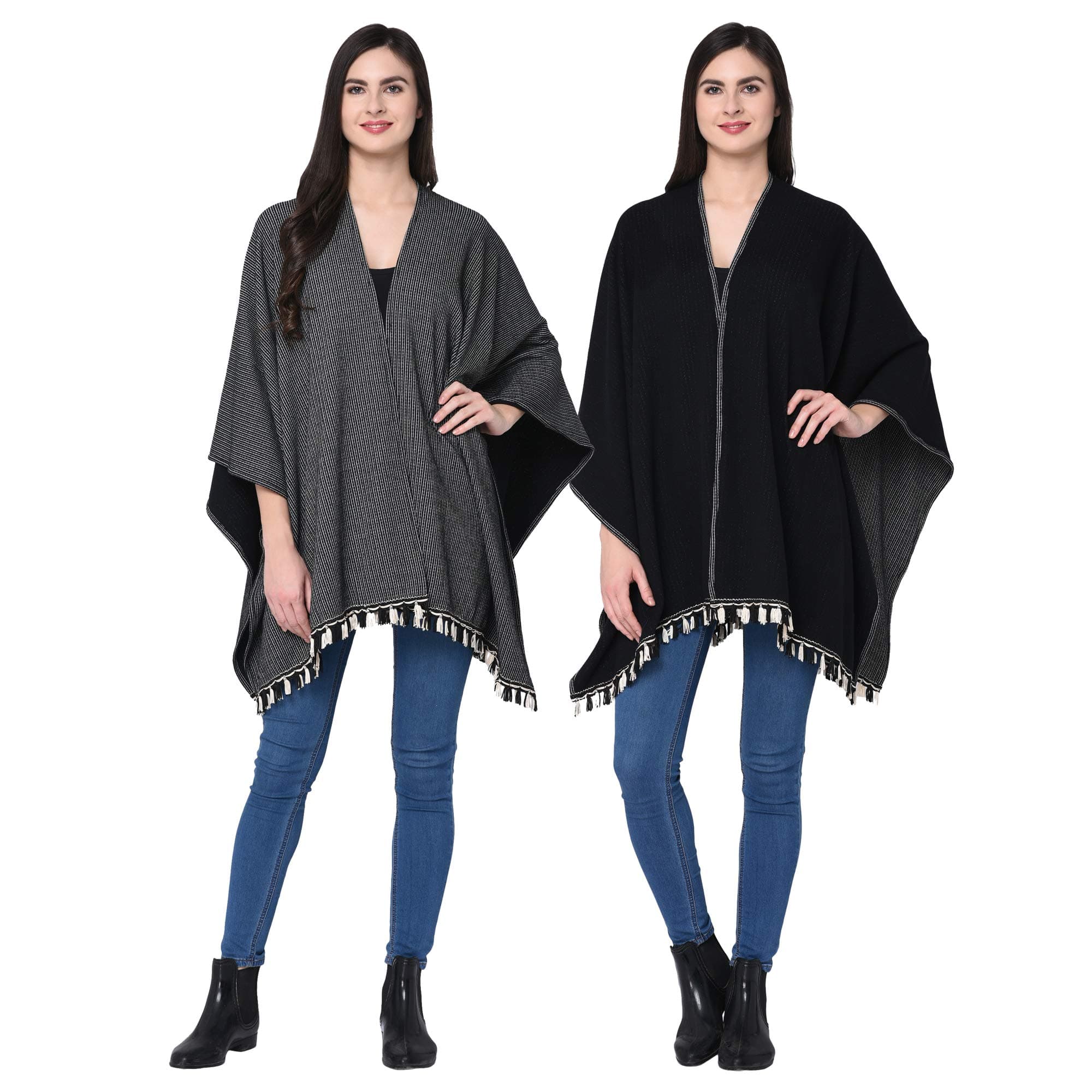 Women's Open Front V Cut Reversible Tassel Knitted Large Poncho Capes (Multicolour, Free Size)