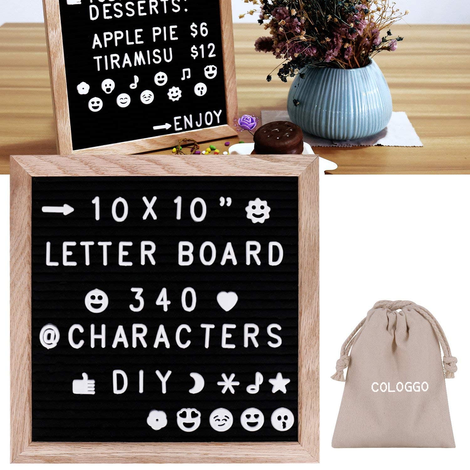 2 SIDED! BLACK and GREY FELT LETTER BOARD with 3 FREE CANVAS BAGS of 850 LETTERS and EMOJIs! 10x10 Inches, Reversible Message Board Sign, Solid Wood and Double Sided.