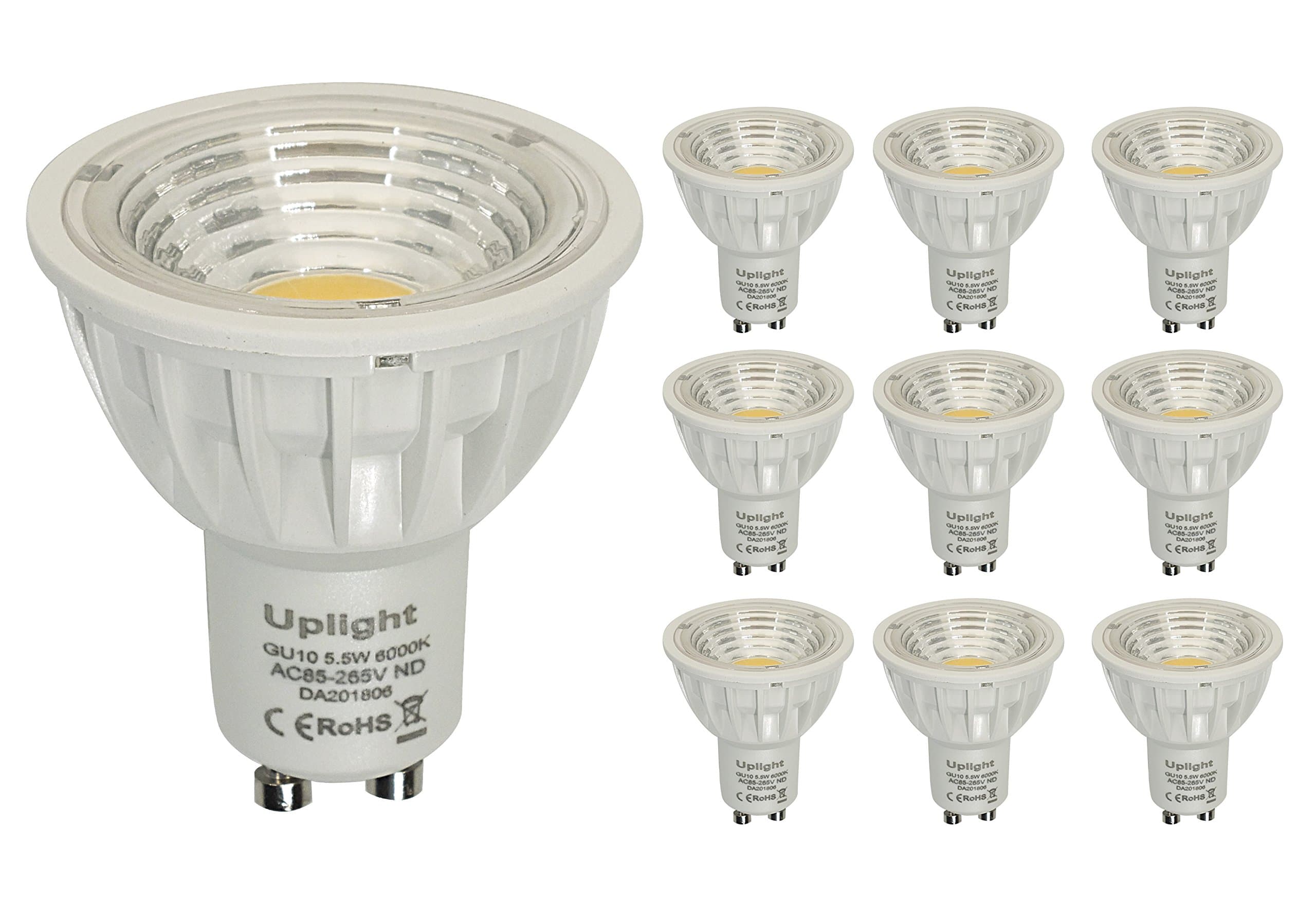 Gu10 LED Bulbs Equivalent 50W-60W Halogen GU10 Bulbs,Not Dimmable RA90,AC85-265V,6000K Cool White,550LM,90 Degree Beam Angle,Pack of 10 Units. [Energy Class A+]