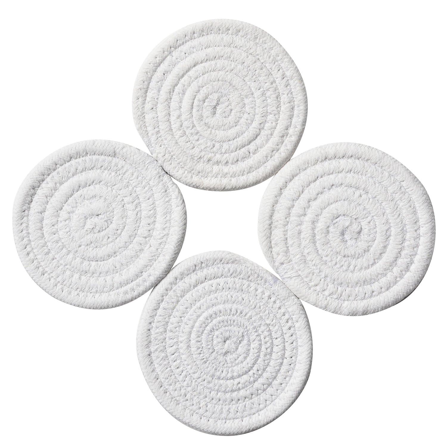 Coasters Set, Pure Cotton Thread Weave Round Drink Hot Pads Mats Coasters Set of 4 by 4.3 Inches Protect Furniture From Excess Condensation & Scratch (White)