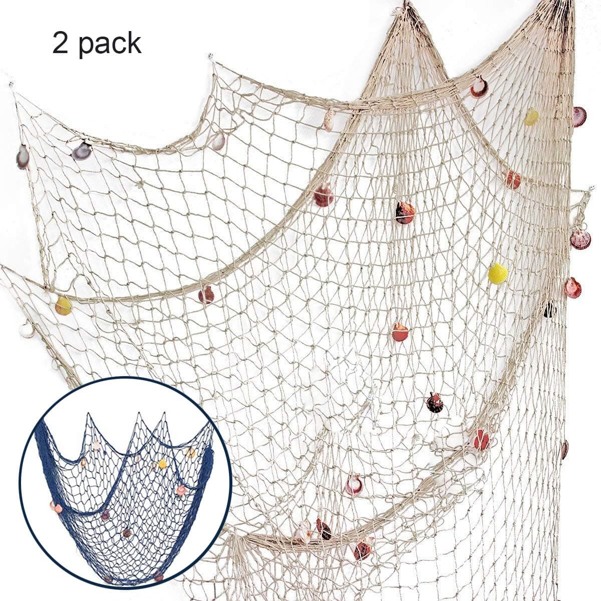 Lovetree Nautical Fish Net with Sea Shells Mediterranean Style for Home Decoration Blue,2x1.5 Meter ¡­ (2pack-blue&beige)