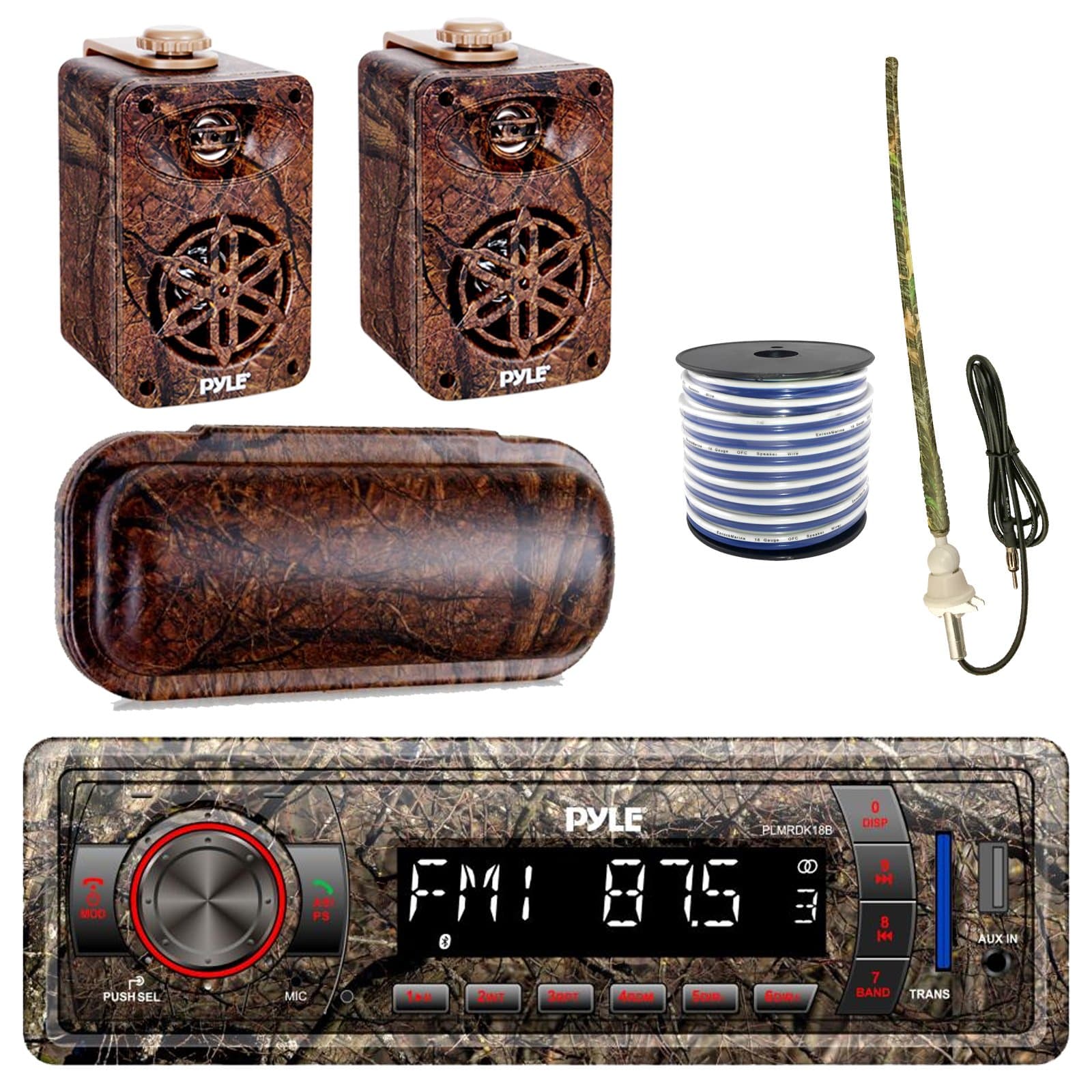 Pyle Marine Single-DIN Bluetooth MP3 USB AUX Camo AM/FM Radio, Pyle 3.5� Wall Mount Indoor / Outdoor 3-Way Camo Speakers (Pair), Stereo Shield Cover, Enrock Camouflage Boat Antenna, 18-G 50 Ft Wire