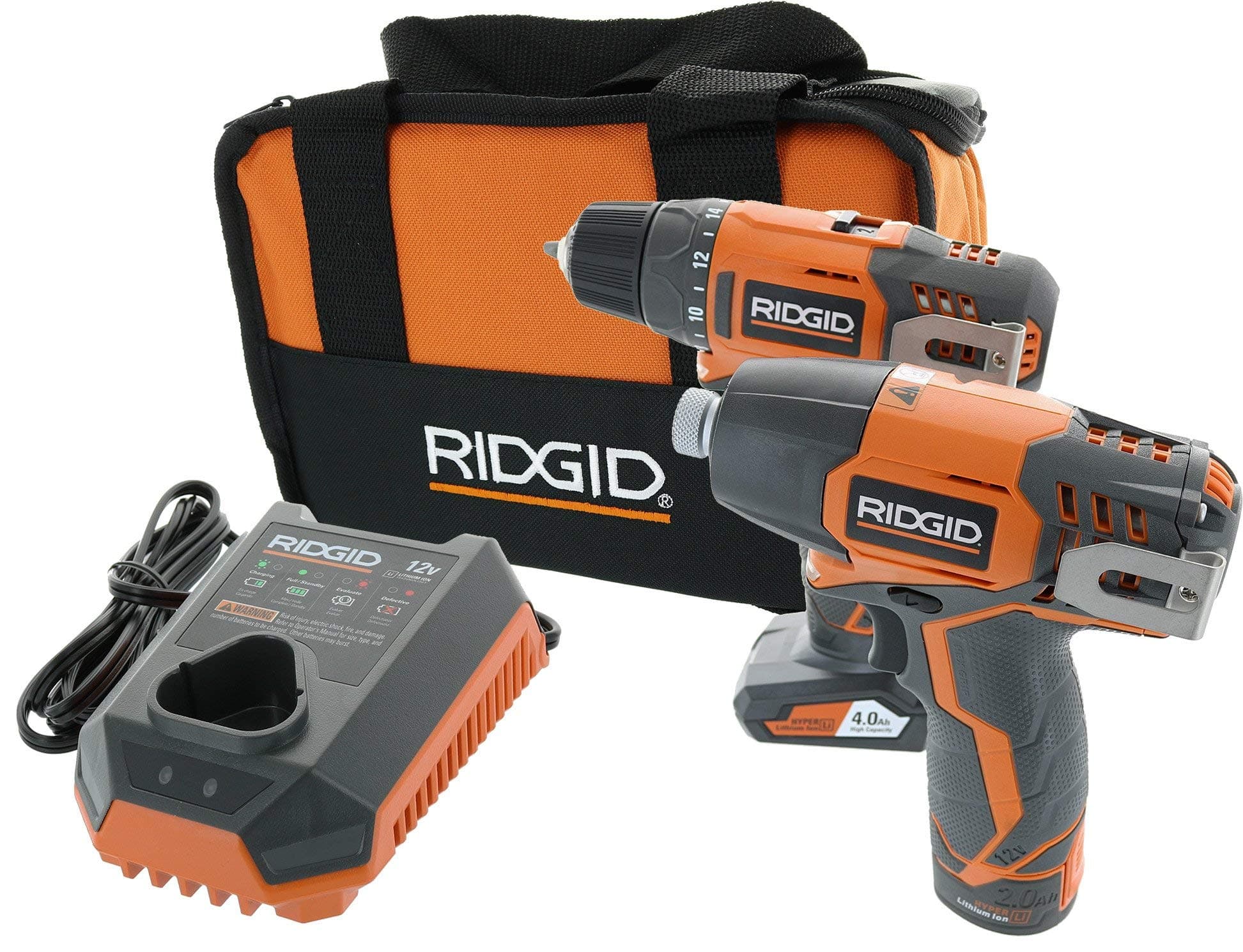 Ridgid R9000K 12V Hyper Lithium-Ion Drill / Driver Combo Kit (1 x R82005 Drill, 1 x R82230 Impact Driver, 1 x AC82049 2AH Battery, 1 x AC82059 4AH Battery, 1 x R86049 Charger) (Renewed)