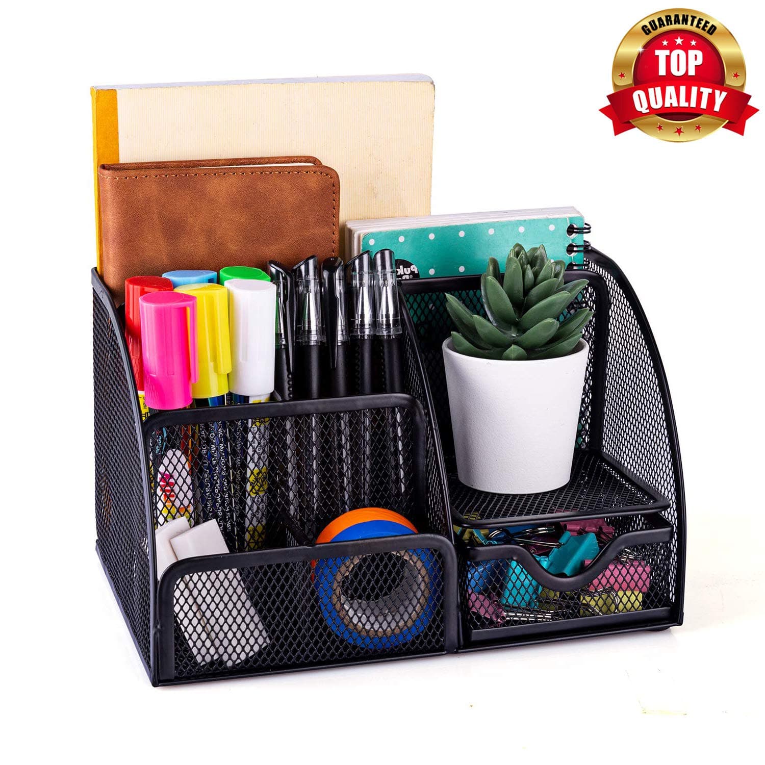 Smart Saver Office Desk Organizer with 6 Compartments + Drawer | The Mesh Collection, Black