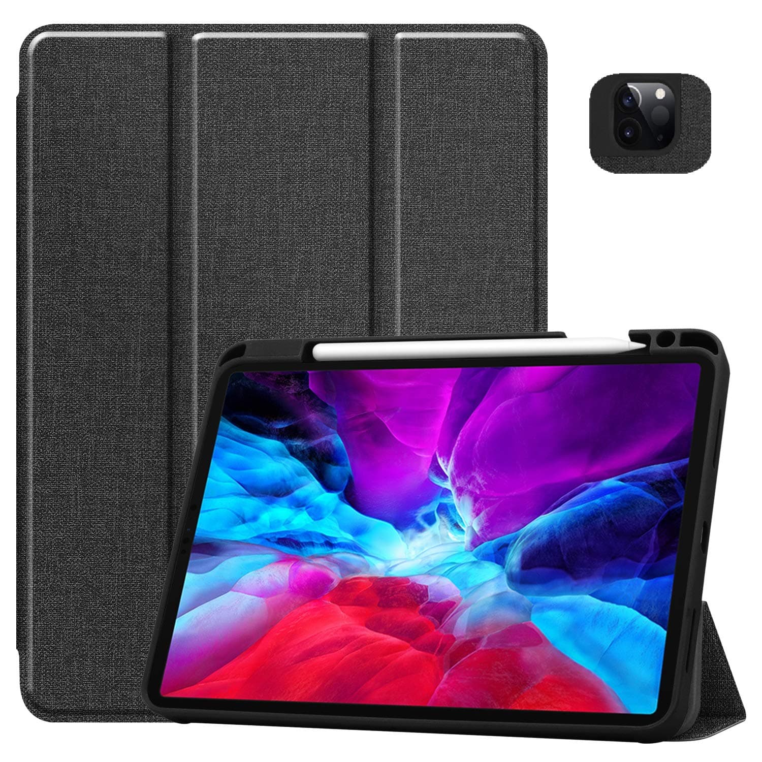 GOOVEN iPad Pro 12.9 case 2020 4th Generation，Built-in Pencil Holder，PU Leather Soft TPU Back Cover，Trifold Front Cover Smart auto Sleep/Wake Function Ultra Thin Anti Fall(iPad Pro 12.9（2020）, Black)