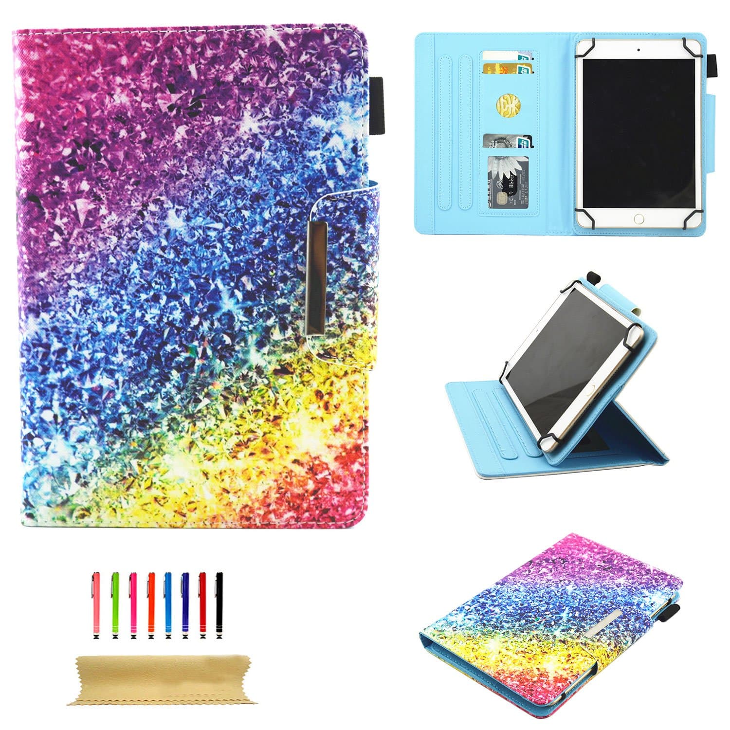 Uliking Universal Tablet Case Cover for All 6.5-7.5 inch Touchscreen Android Tablet, Slim Stand PU Leather [Card & Pencil Holder] Magnet Folio Shockproof Wallet (with a Stylus), Colorful Diamond