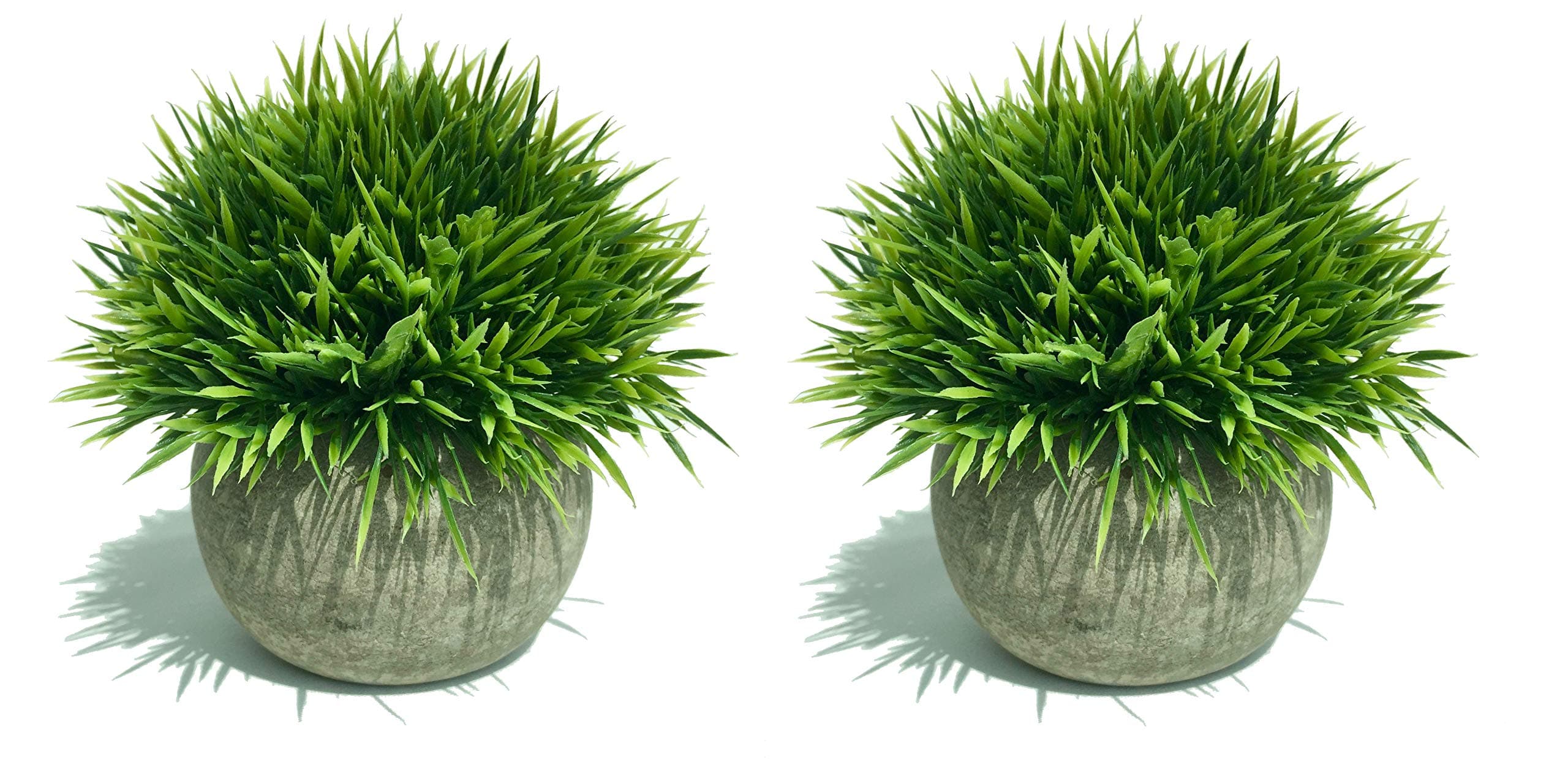 Maikai Products 2-pack Artificial Potted Green Grass. 5'' Tall x 5'' Wide Mini Size. Minimalist. Long lasting. Decorative fake grass plant in pots for home office indoor bathroom kitchen table decor