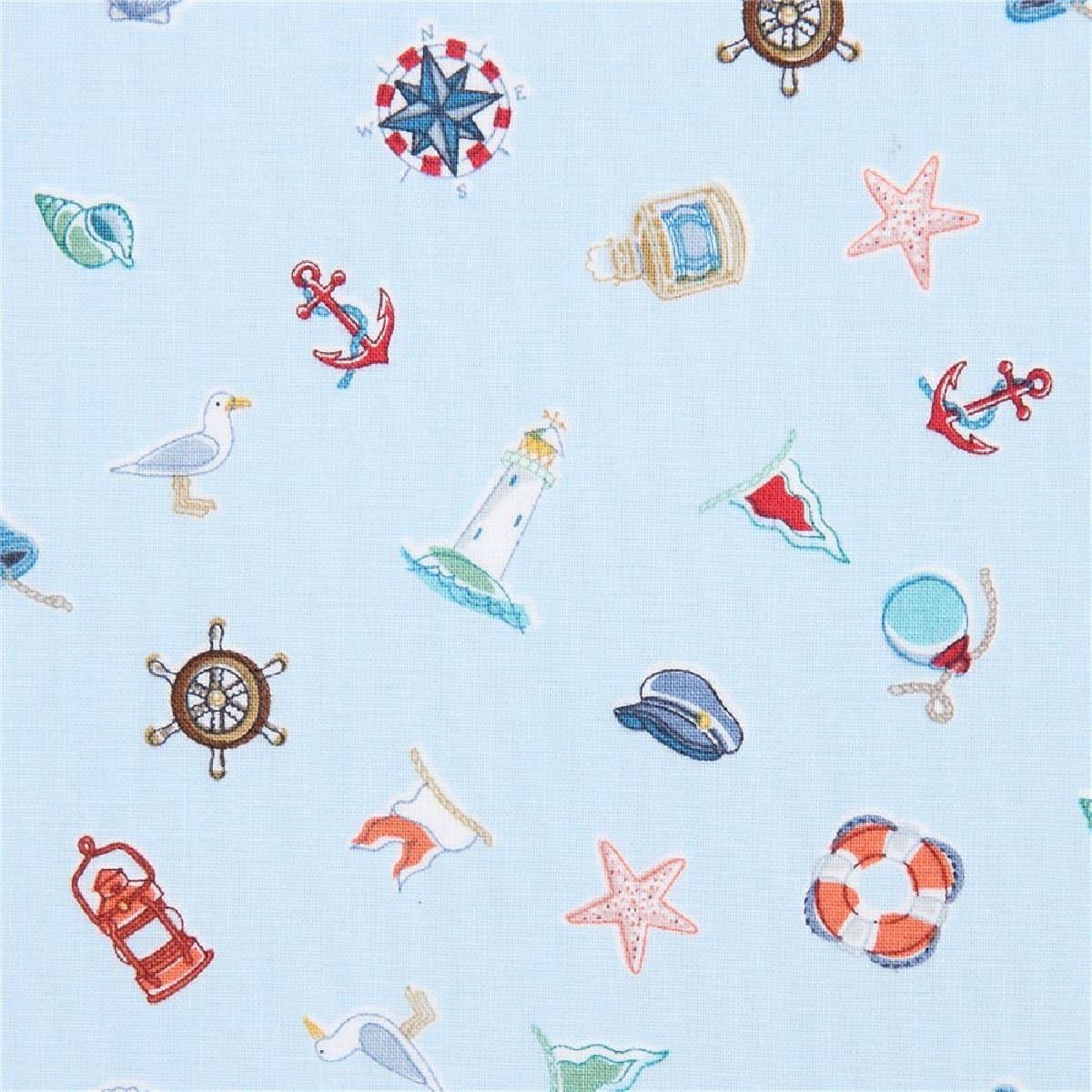 Andover Fabrics light blue cotton fabric with seagulls, shells, anchors etc.