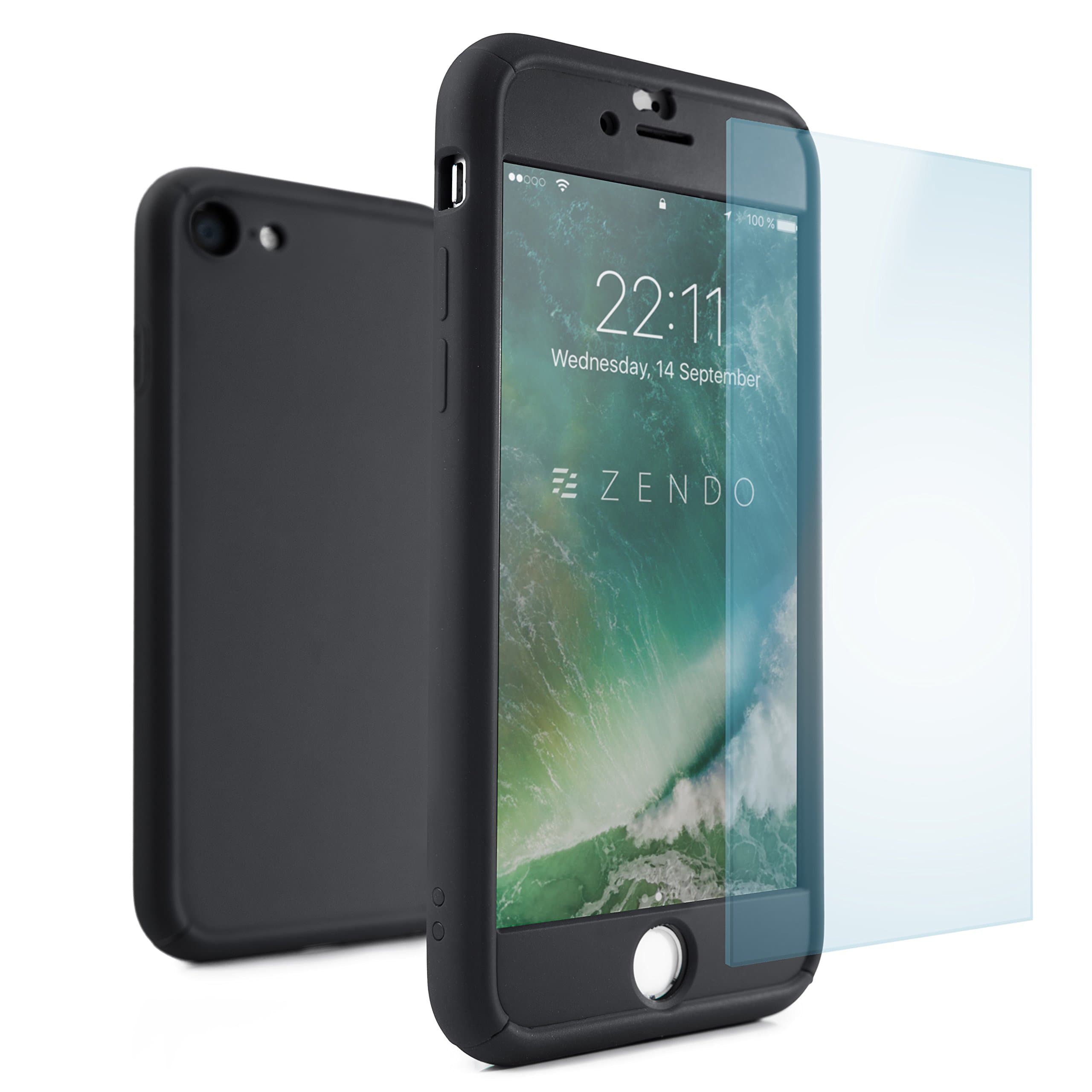 ZENDO iPhone 7 Shockproof Case + Asahi 9H Grade Tempered Glass (Patented 360 Full-cover Design) | NanoSkin FreeFall [BLACK]
