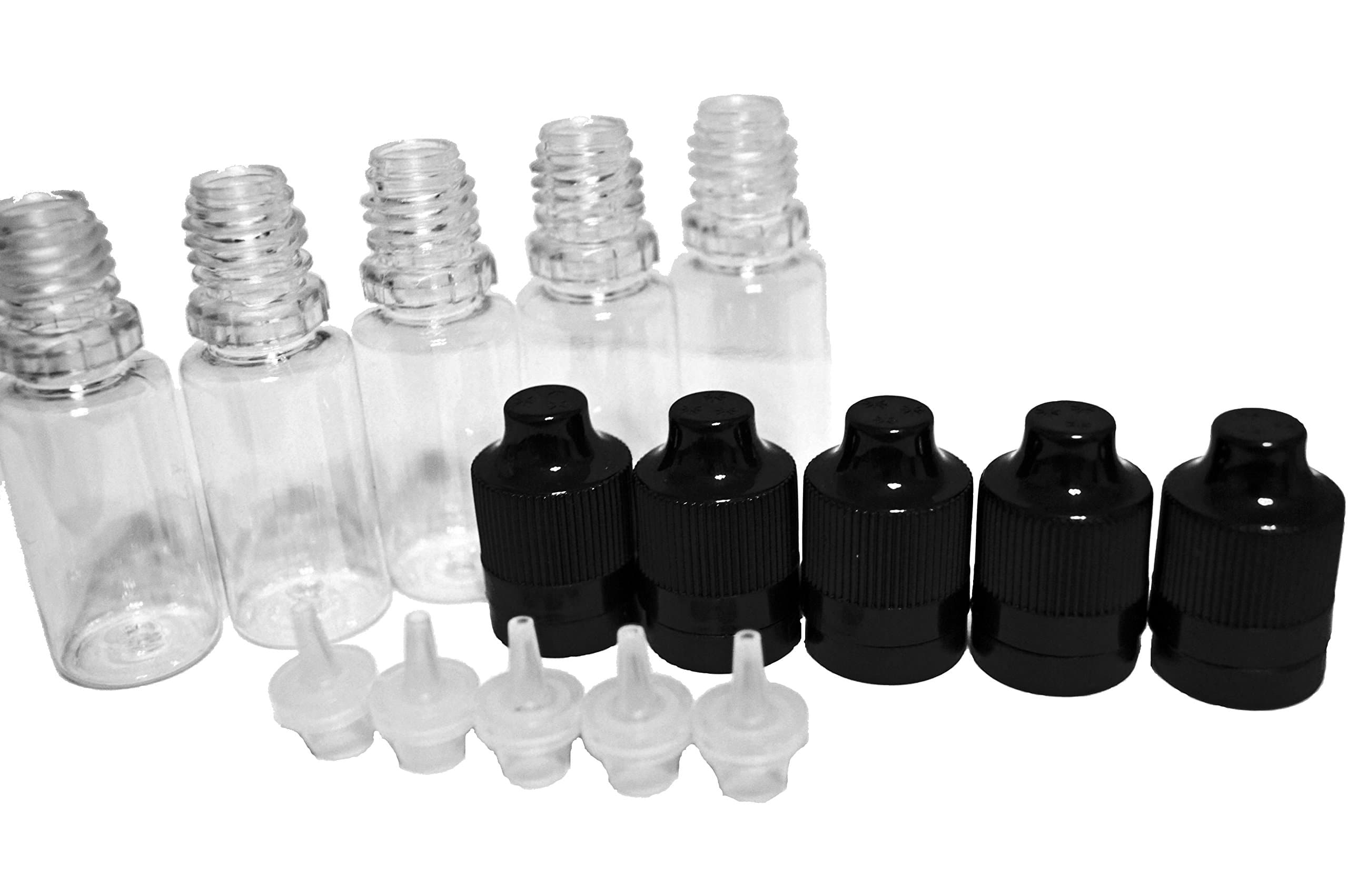 Evanesce - 10ml Clear PET Plastic Dropper Bottles with Long Dispenser Tip, Child Safety Cap (Black) with Tamper Evident Ring and Braille Top - Pack of 5
