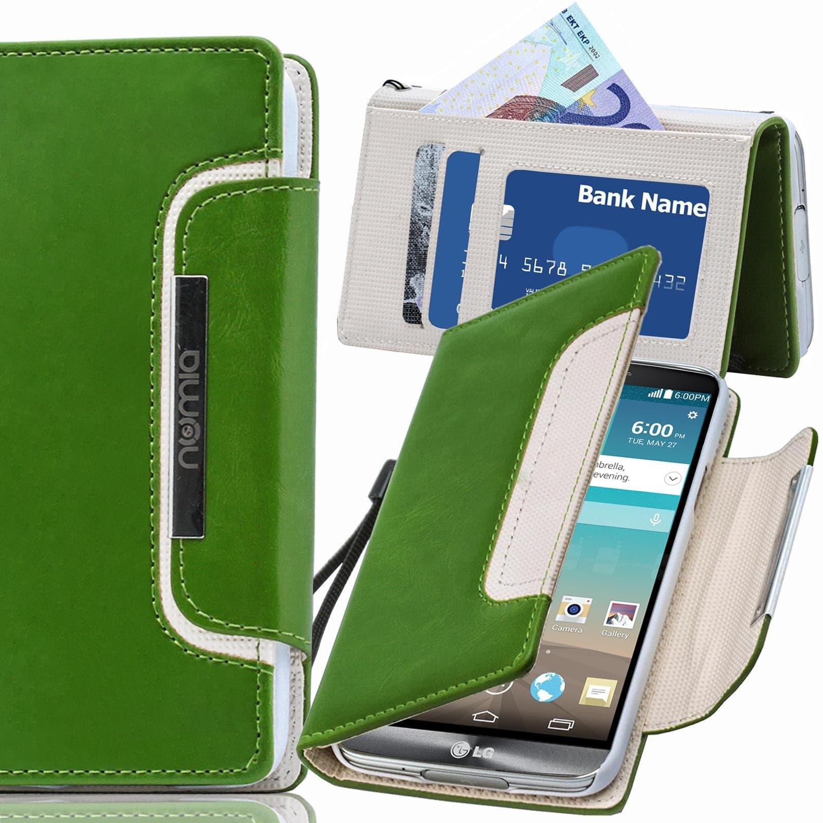 Numia Original design, book-style phone case, flip case cover, for LG Optimus L3 II (E430), with magnetic clasp and lanyard, in green and white