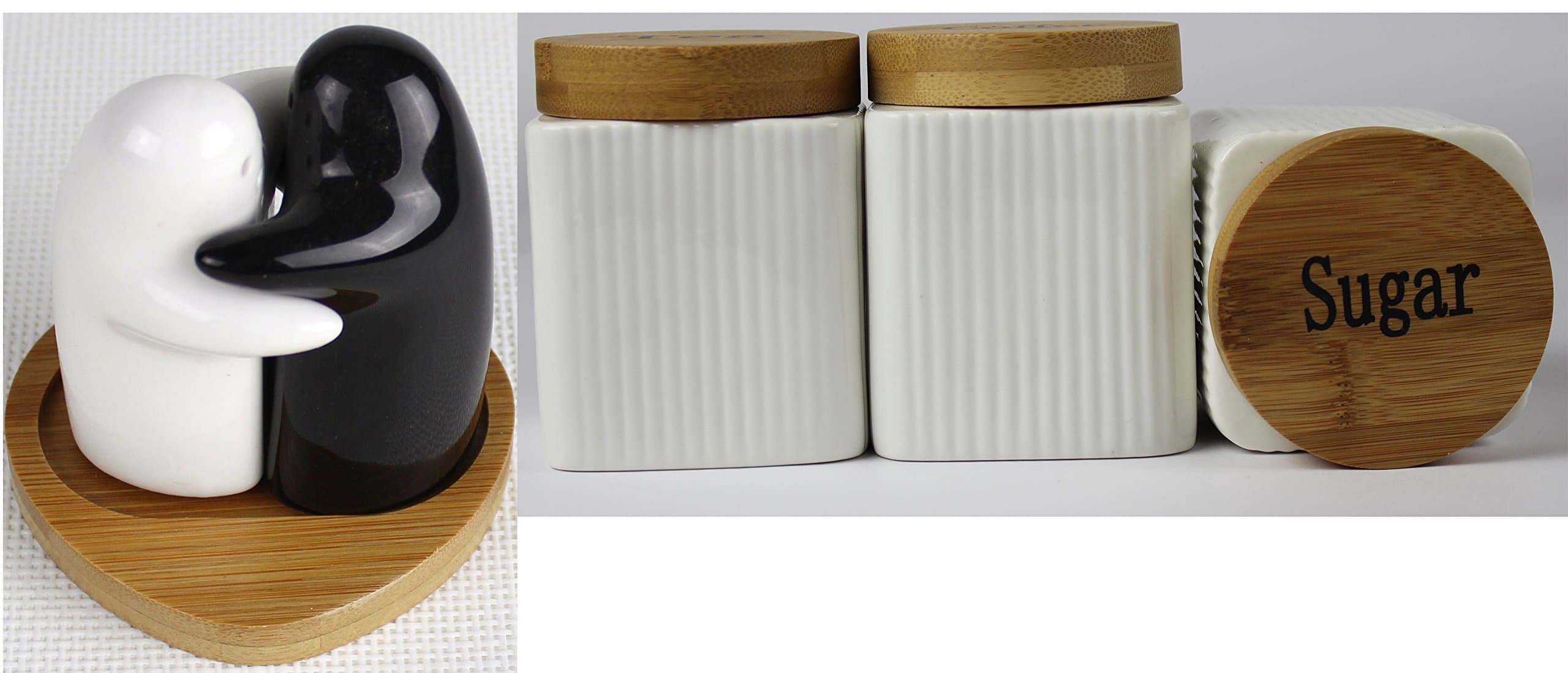 Cream Tea Coffee Sugar Jars Ribbed Square Canisters Set With Blk And White Salt and Pepper With Bamboo Lids