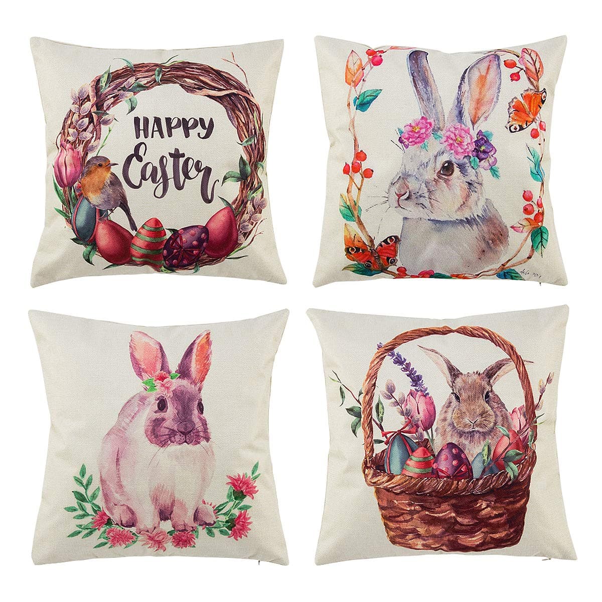 peony man Easter Egg Throw Pillow Cover, Rabbit Throw Cushion Pillowcase, Spring Linen Pillow Case with Hidden Zipper for Home, Car, Office Decor, 18 x 18 Inches