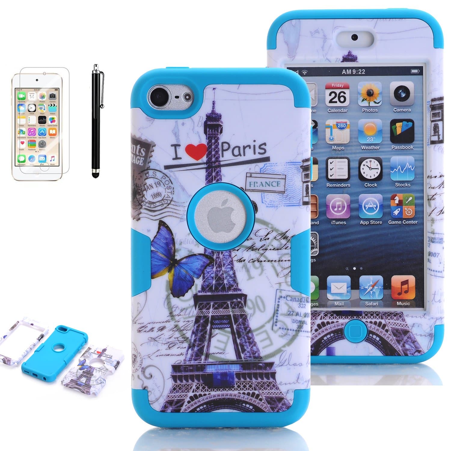 iPod Touch 5th Generation Case, iPod Touch 6 Cases for Girls, VODICO 3 Layer Impact Resistant Hybrid Soft Silicone Hard Plastic Protective Case Cover with Screen Protector+Stylus (Paris Blue)