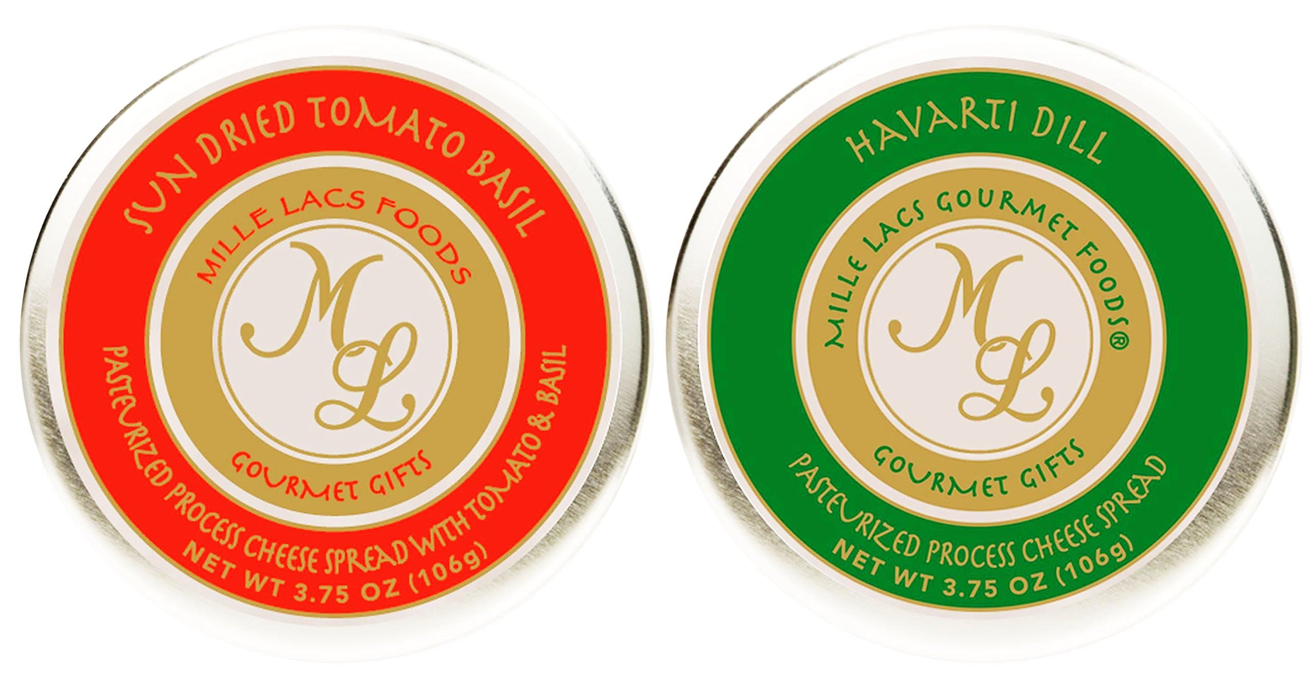 2 Pack Cheese Spread Tins Tomato Basil and Havarti Dill 3.75 Ounces Each Bulk Reception Top Stocking Stuffer Favor Unique Men Golfer Him Teacher Corporate Employee Family Best Holiday Gift Basket Idea