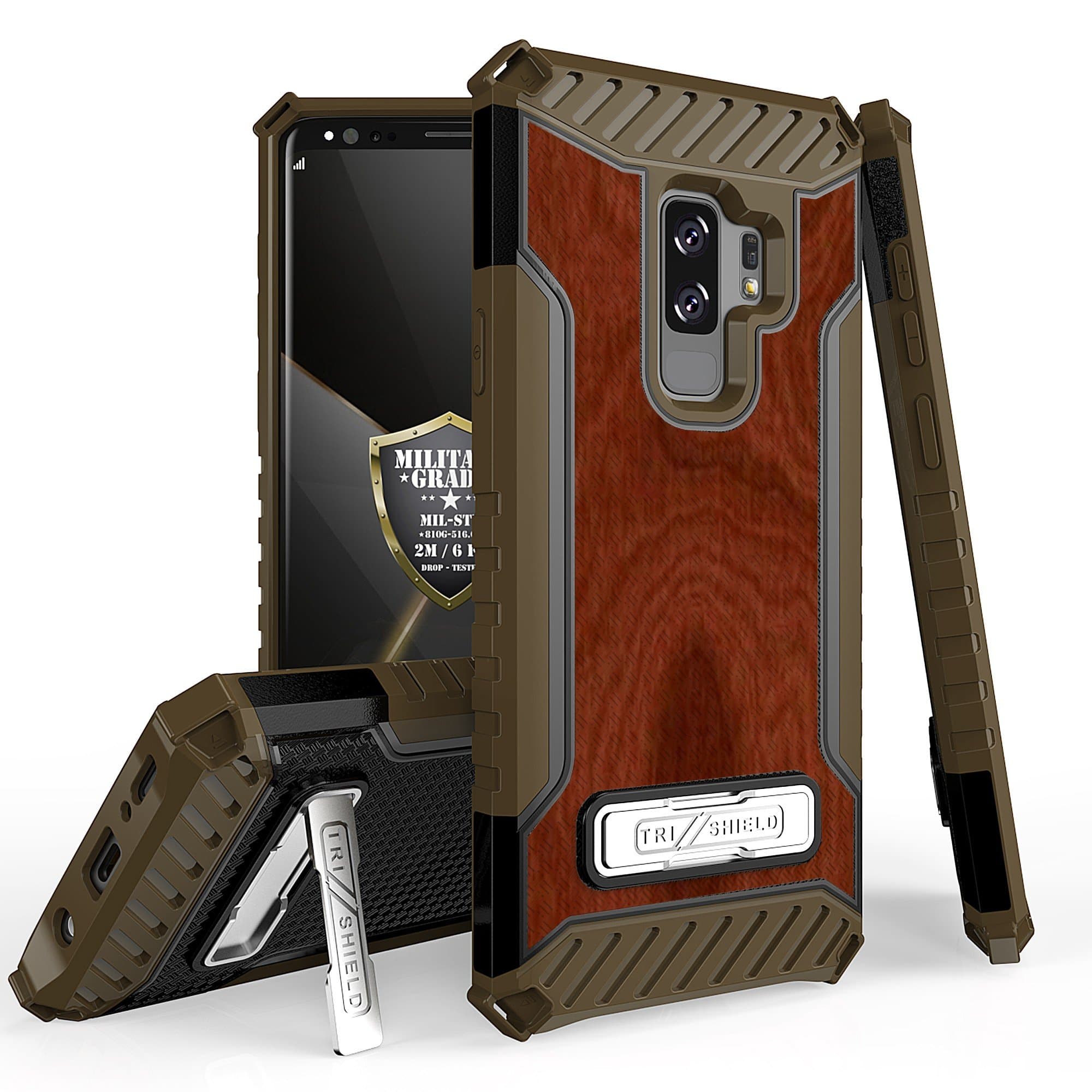 Galaxy S9 Plus/Galaxy 9+ Case, Spots8 Dual Layer Hybrid Armor High Impact Protection Phone Cover Built in Kickstand for Samsung Galaxy S9+ Wood Brown