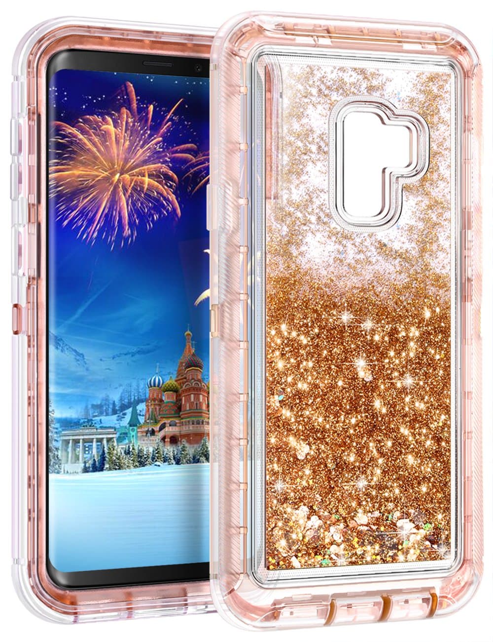 Galaxy S9 Case,Wollony 360 Full Body Shockproof Liquid Glitter Quicksand Bling Case Heavy Duty Phone Bumper Non-Slip Soft Clear Rubber Protective Cover for Samsung Galaxy S9 - Rose Gold