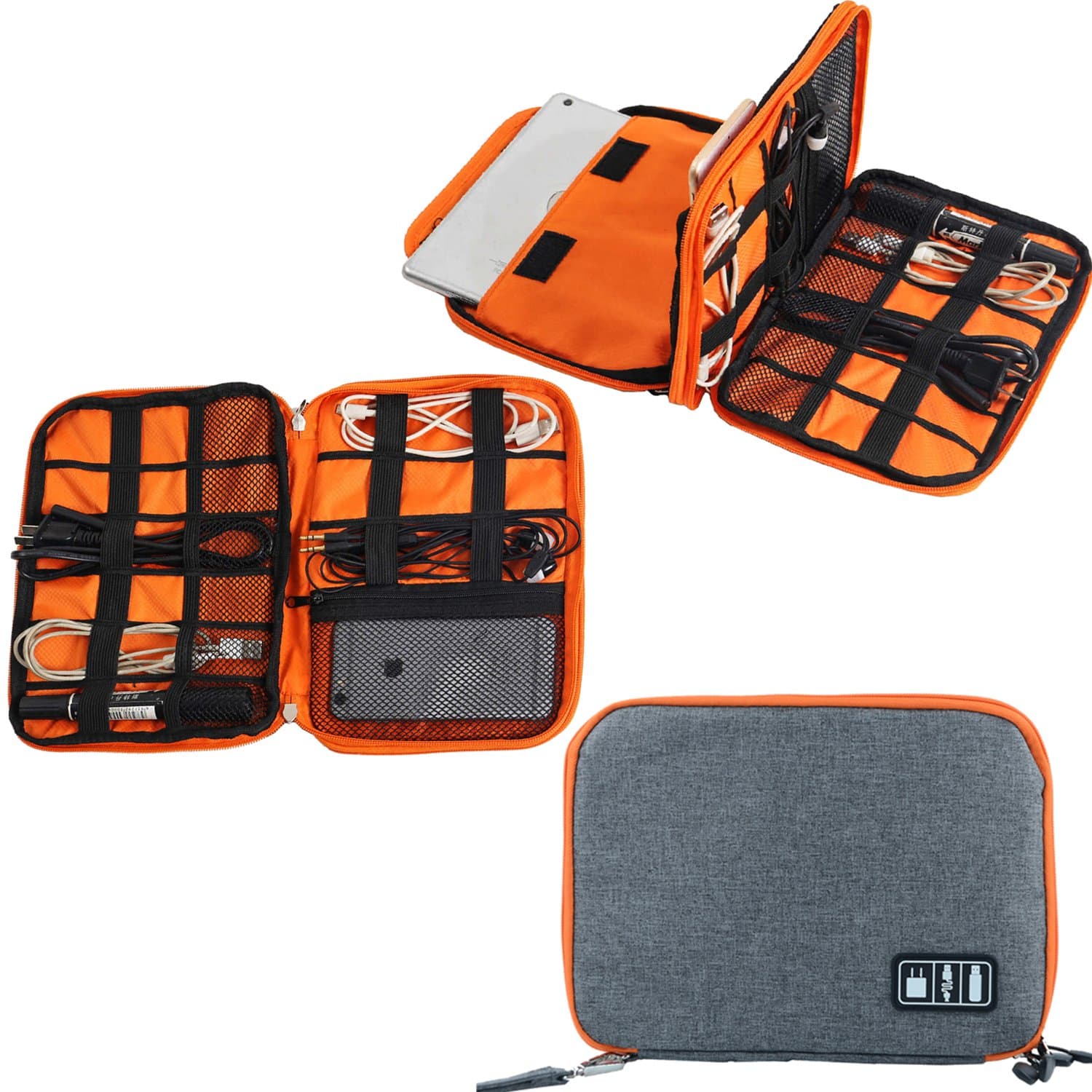 PBNICE Double Layer Travel Gear Organizer For Electronic Accessories Storage Bag Various Slots For USB/Cellphone/Chargers/ Cables/Hard Drive Case/USB Cable Organizer Bag (Gray-Orange)