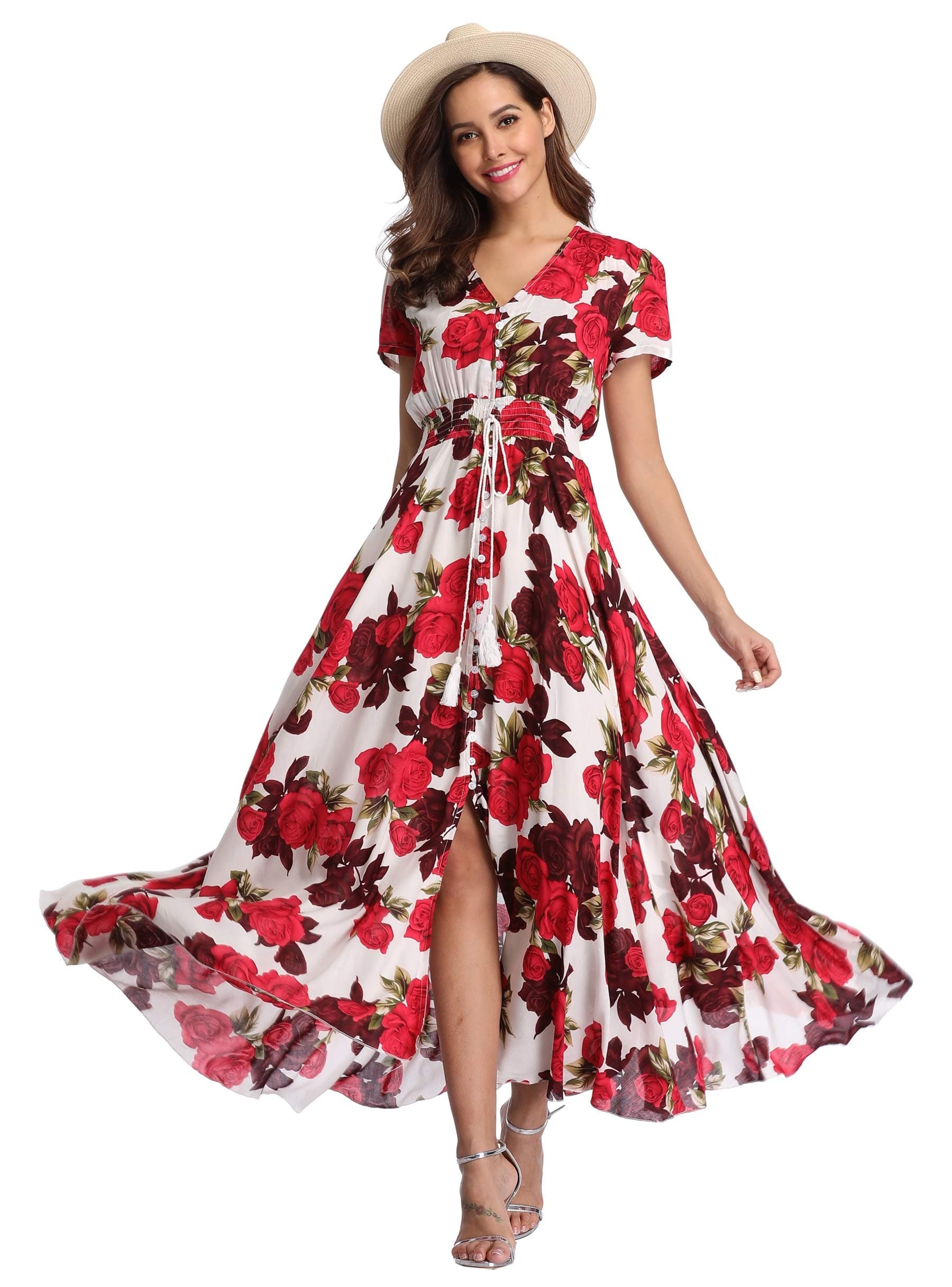 Women's Floral Maxi Dresses Boho Button Up Split Beach Party Dress