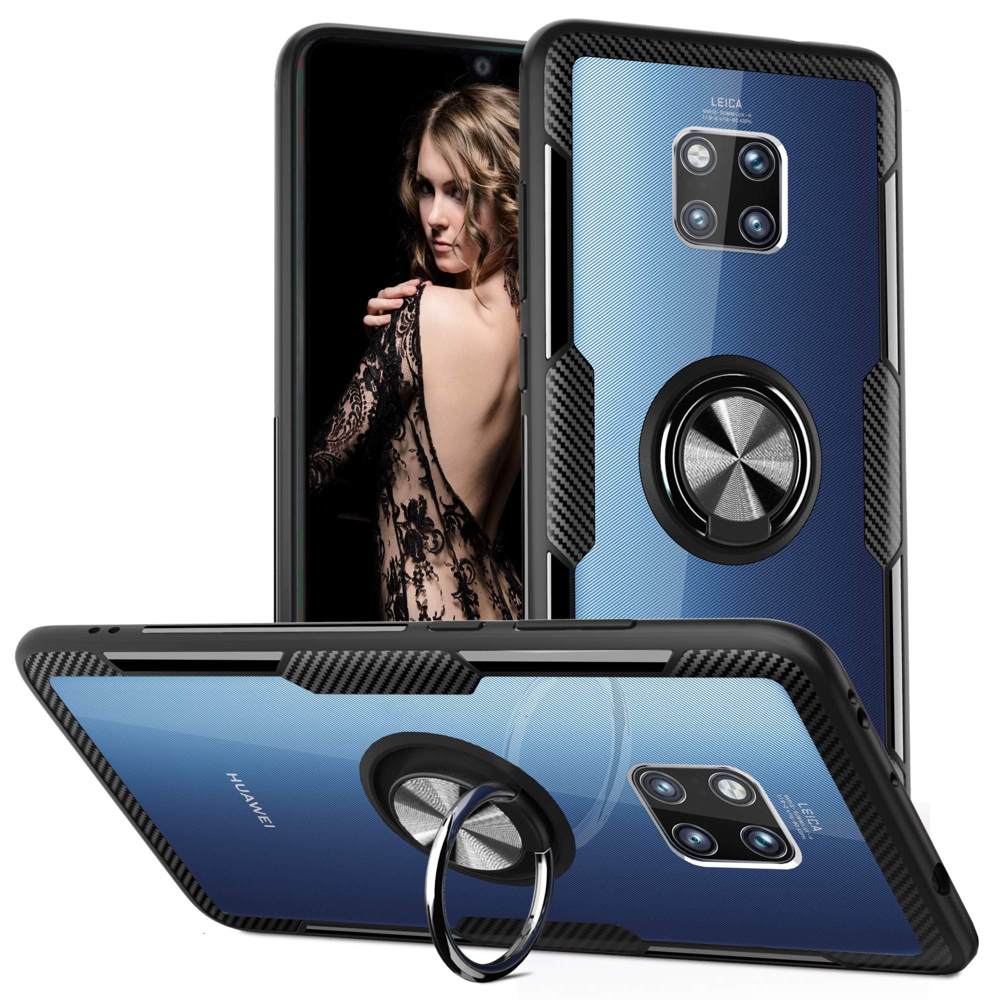 Qseel for Huawei Mate 20 Pro Clear Ring Armor Case, One-Piece Shockproof Cover Hybrid Defender Combined with High-Density TPU Rim, Hard Crystal PC Panel and Built-in Ring Holder (Mate 20 Pro, Black)