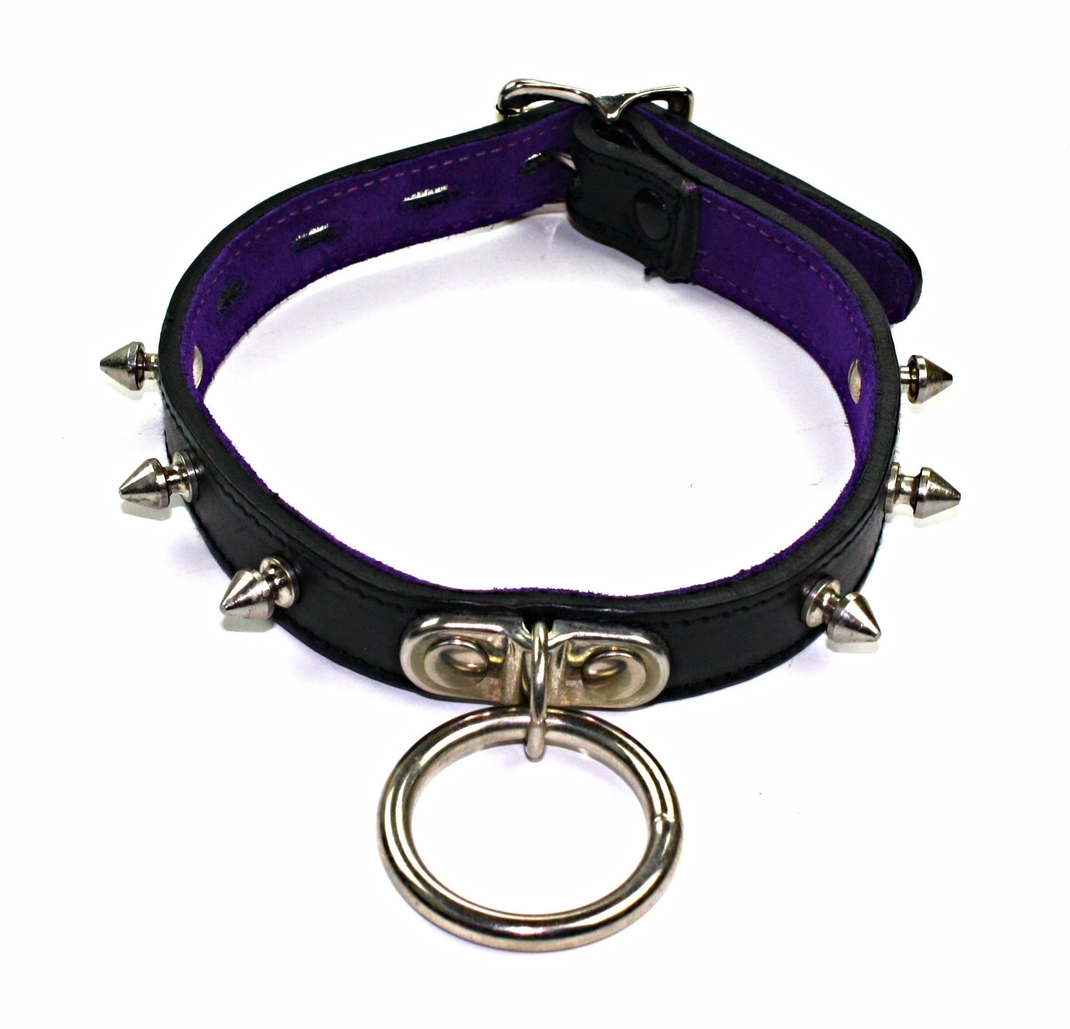 Slap Leather 17 mm Large Neck Collar with Spikes and Ring in Black Leather with Purple Suede Lining